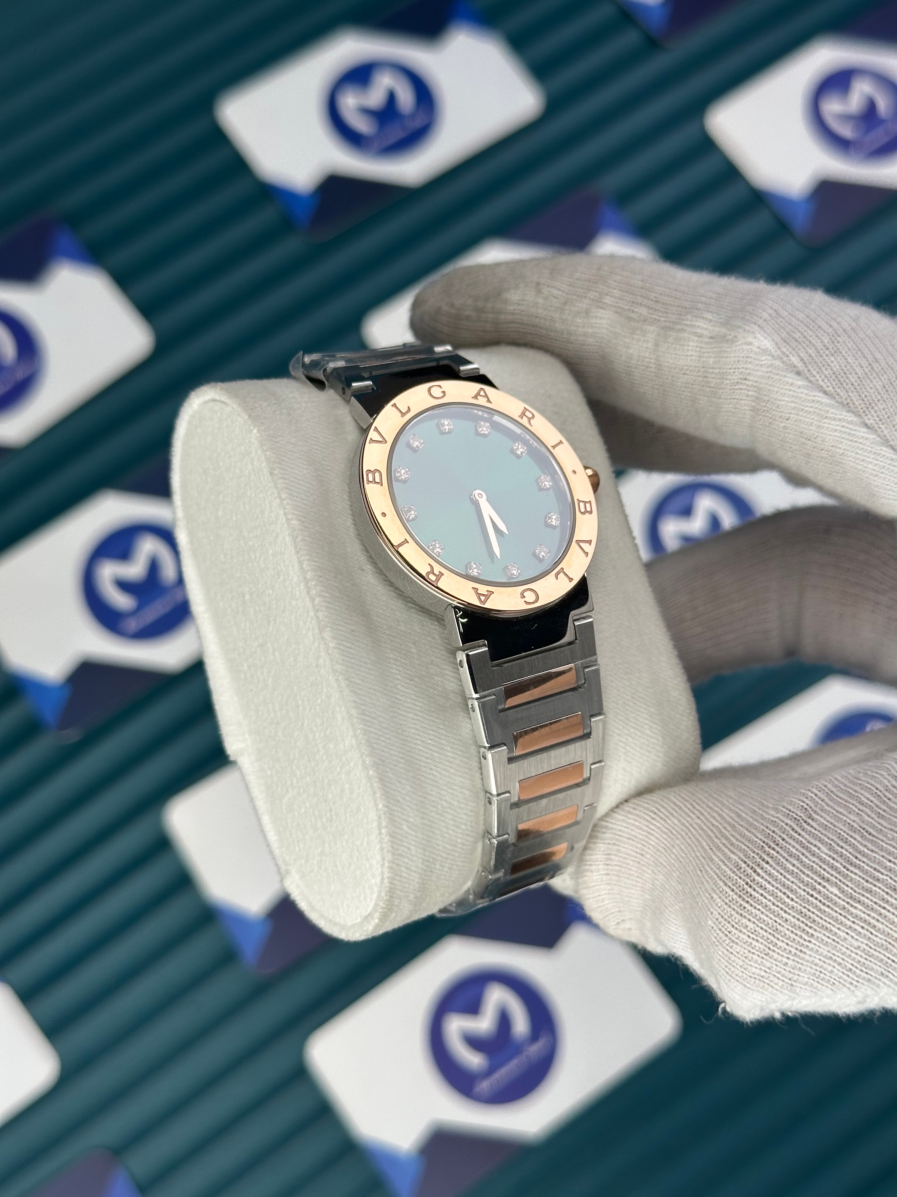 BVLGARI GREEN DIAL GOLD BEZEL DIAMOND INDEX GOLD-SILVER CORD