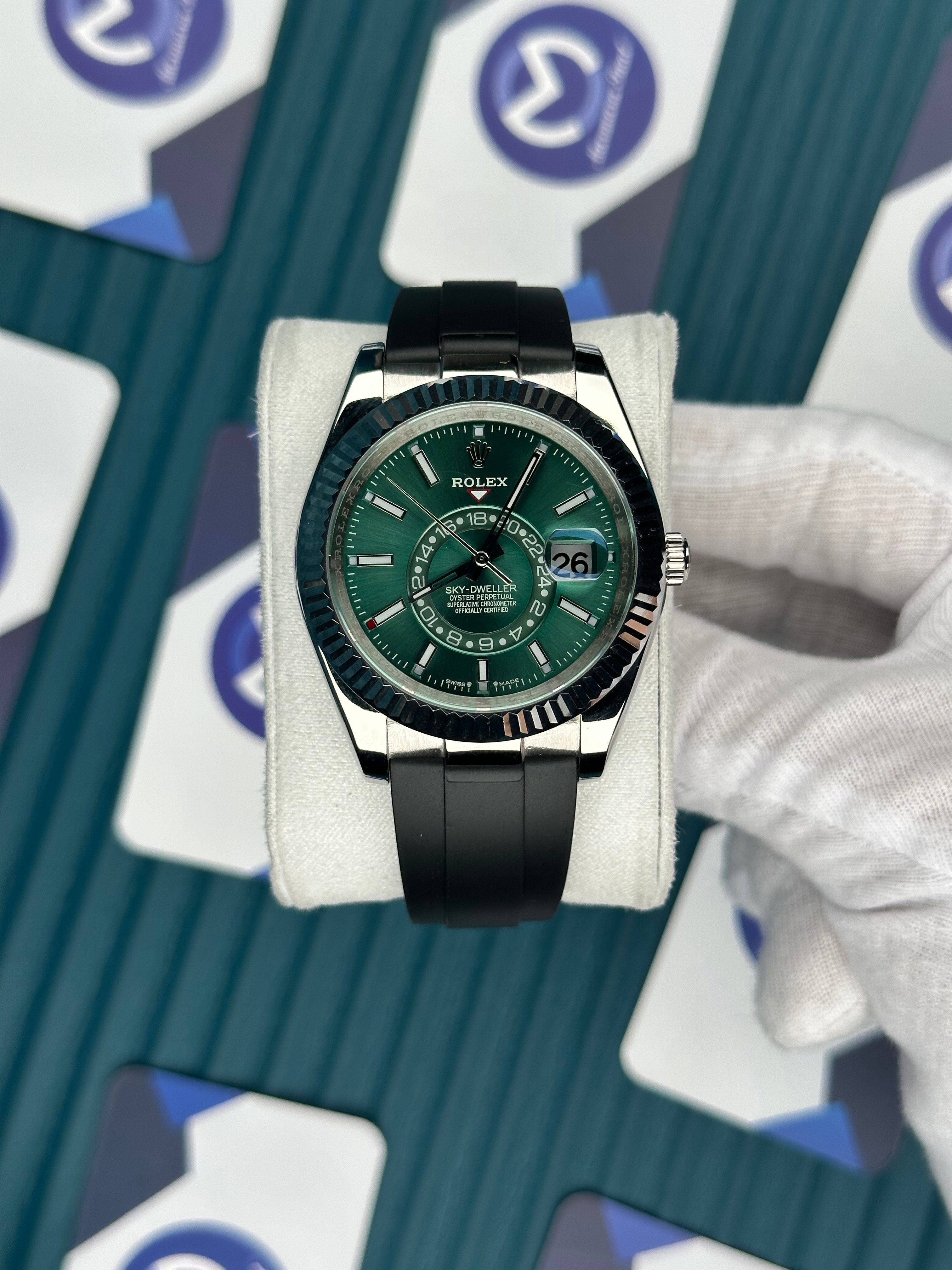 ROLEX SKY-DWELLER GREEN DIAL BLACK OYSTERFLEX