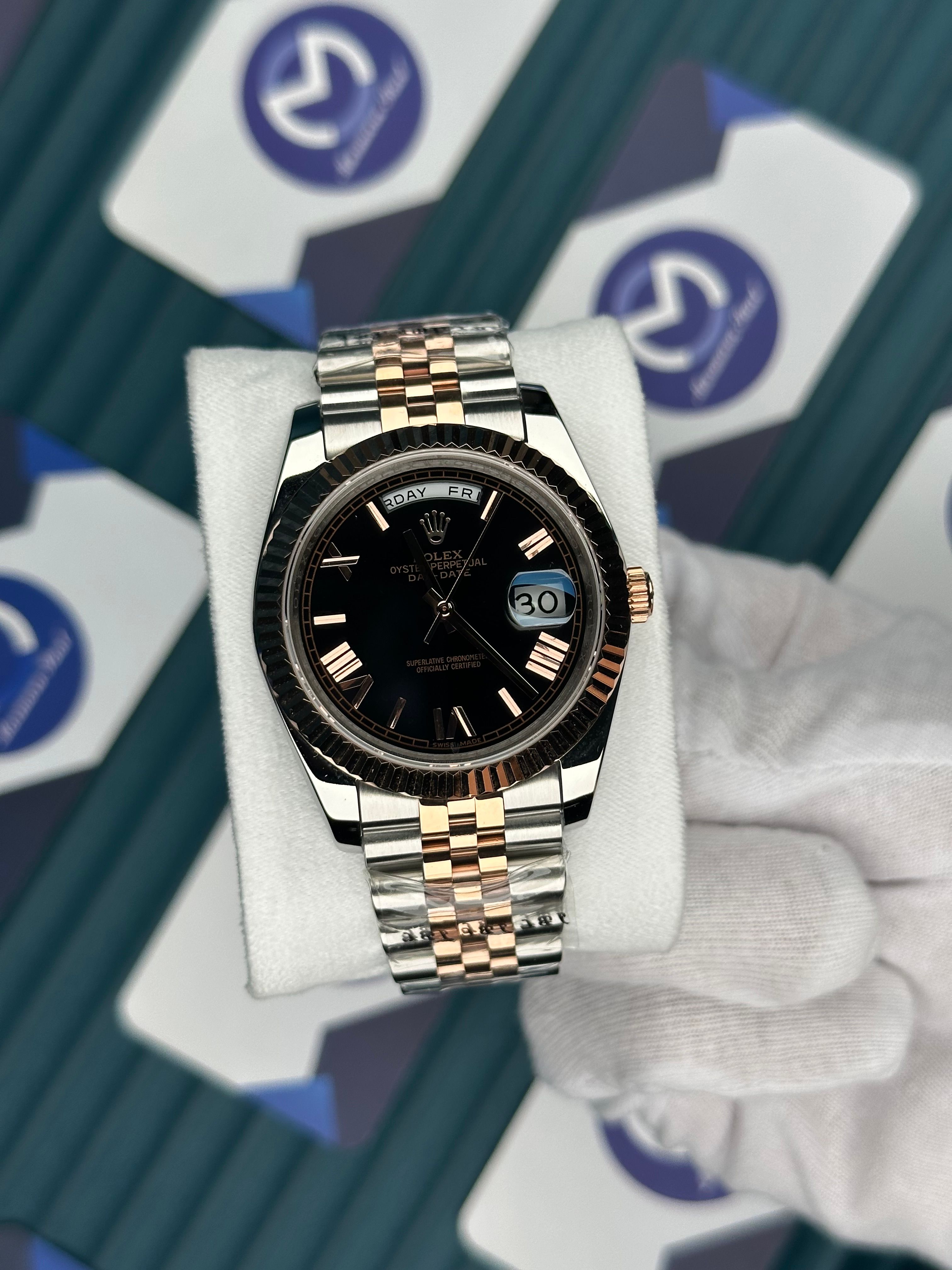 ROLEX DAY-DATE BLACK DIAL ROMA INDEX ROSE-SILVER JUBILE