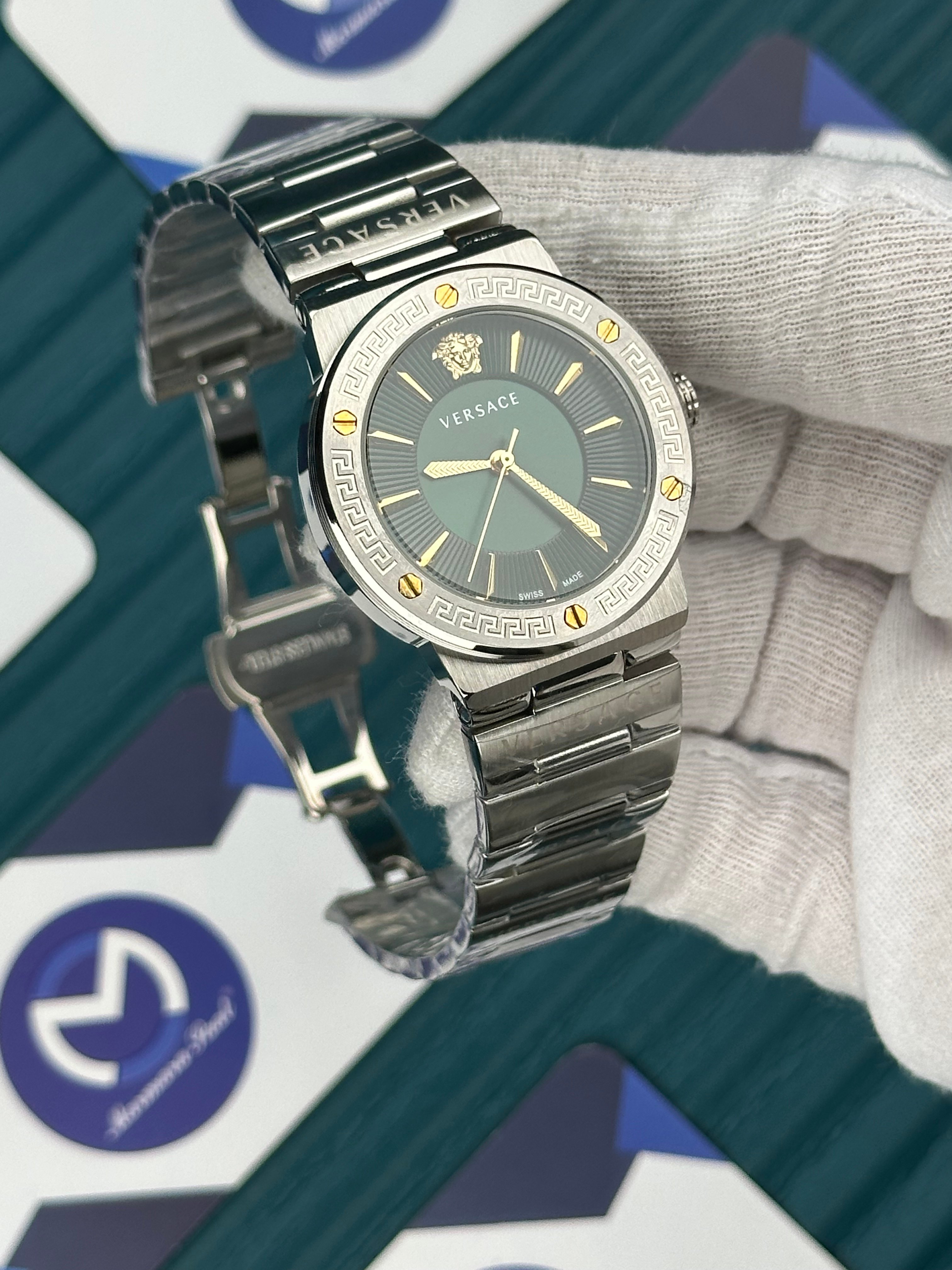 VERSACE 36 GREEN DIAL GOLD DETAILS SILVER