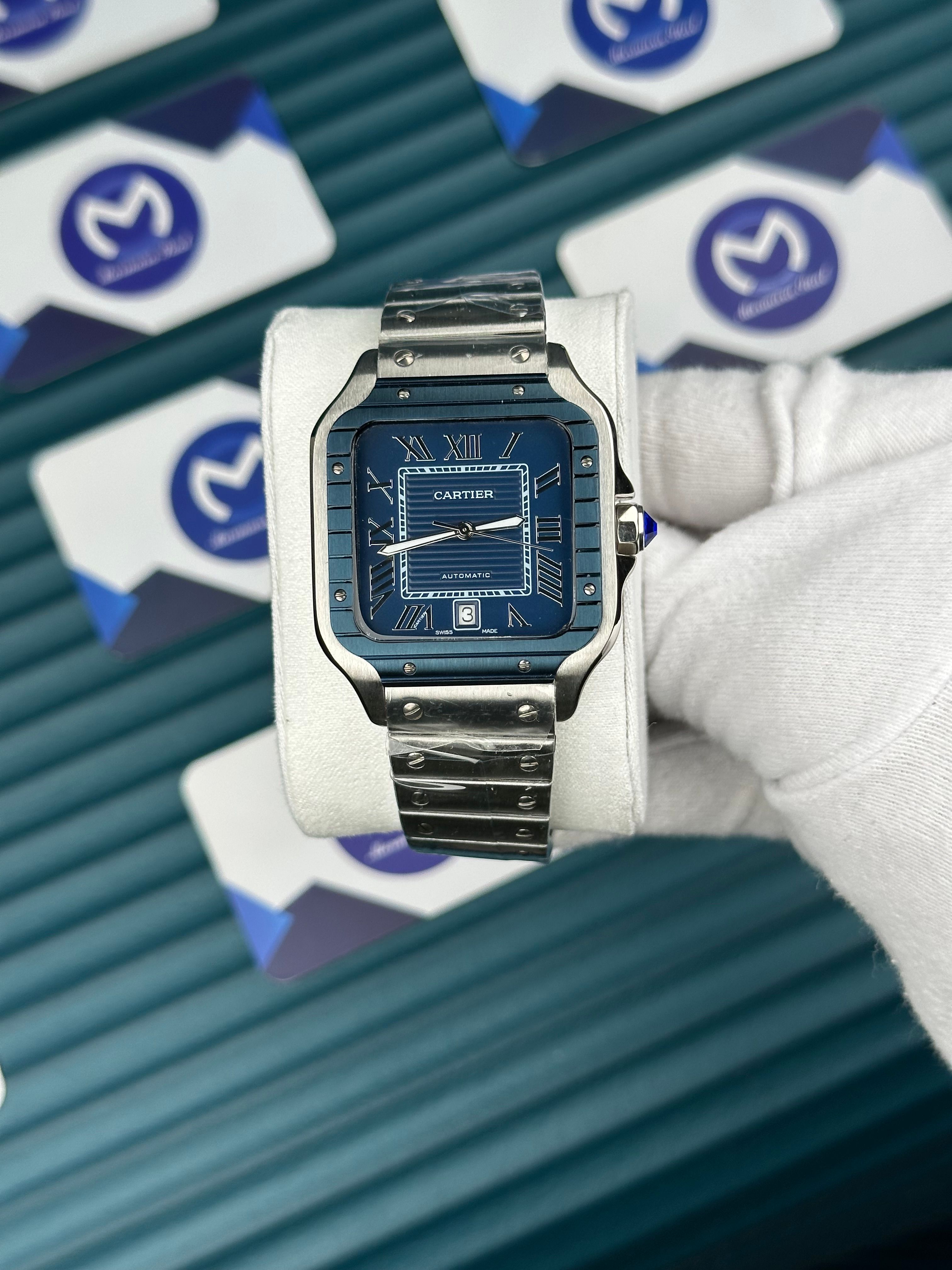 Cartier Santos Gümüş Bilezik Mavi Kadran
