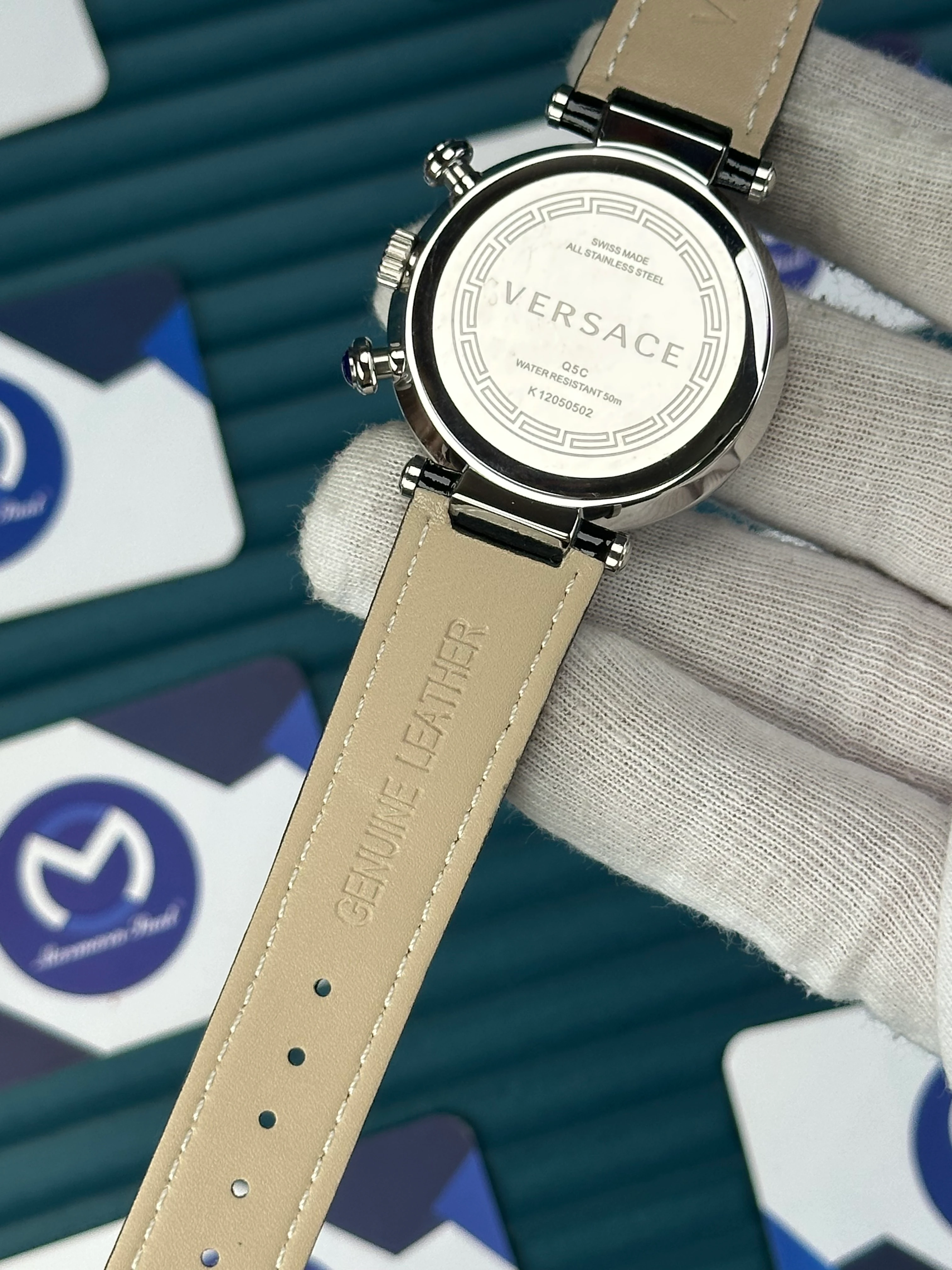 VERSACE 38 BLACK DIAL SILVER CASE DIAMOND BEZEL CHRONOGRAPH BLACK LEATHER CORD