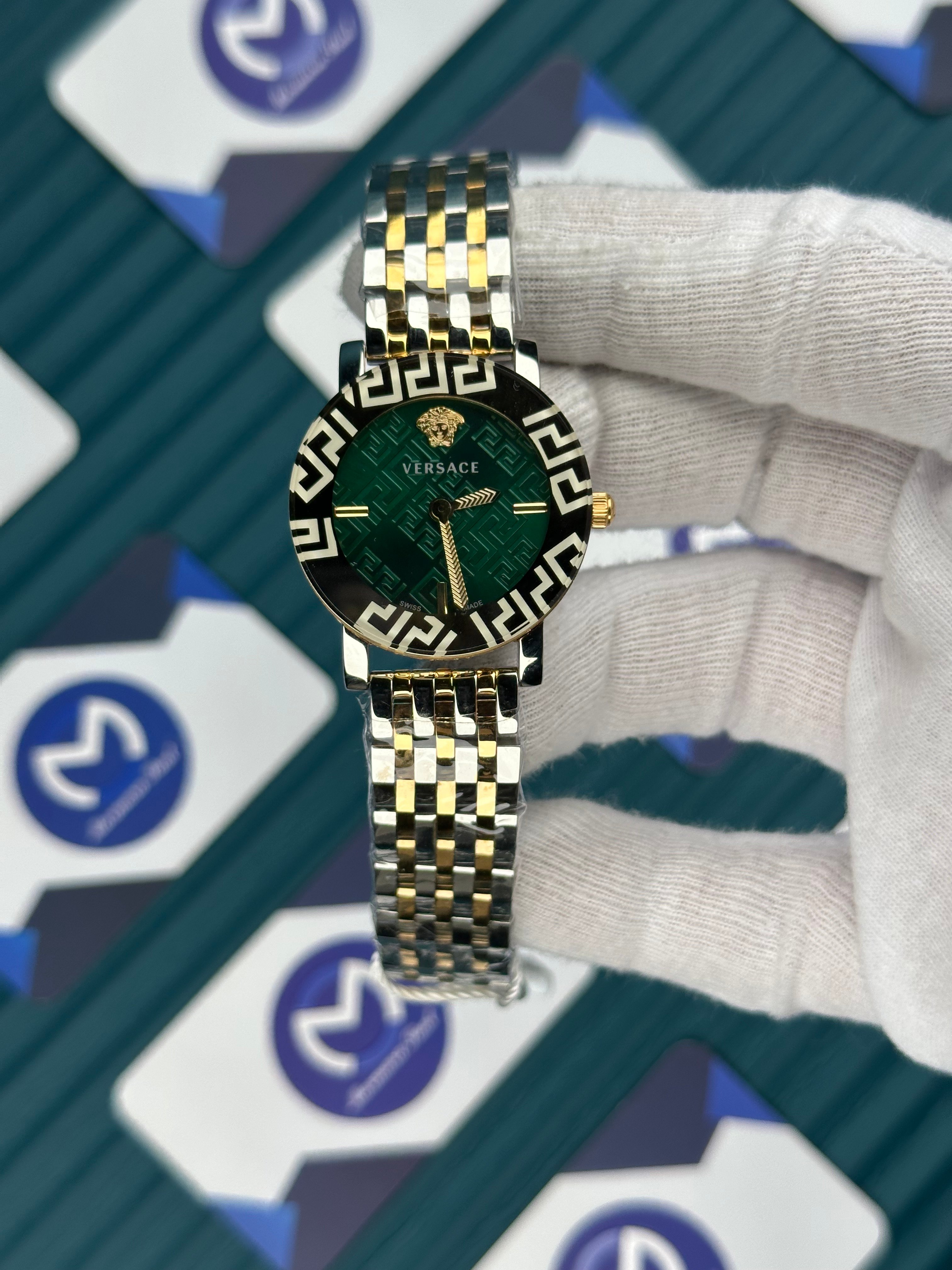 VERSACE DESENLİ AYNALI BEZEL YEŞİL KARDAN GOLD SILVER KORDON