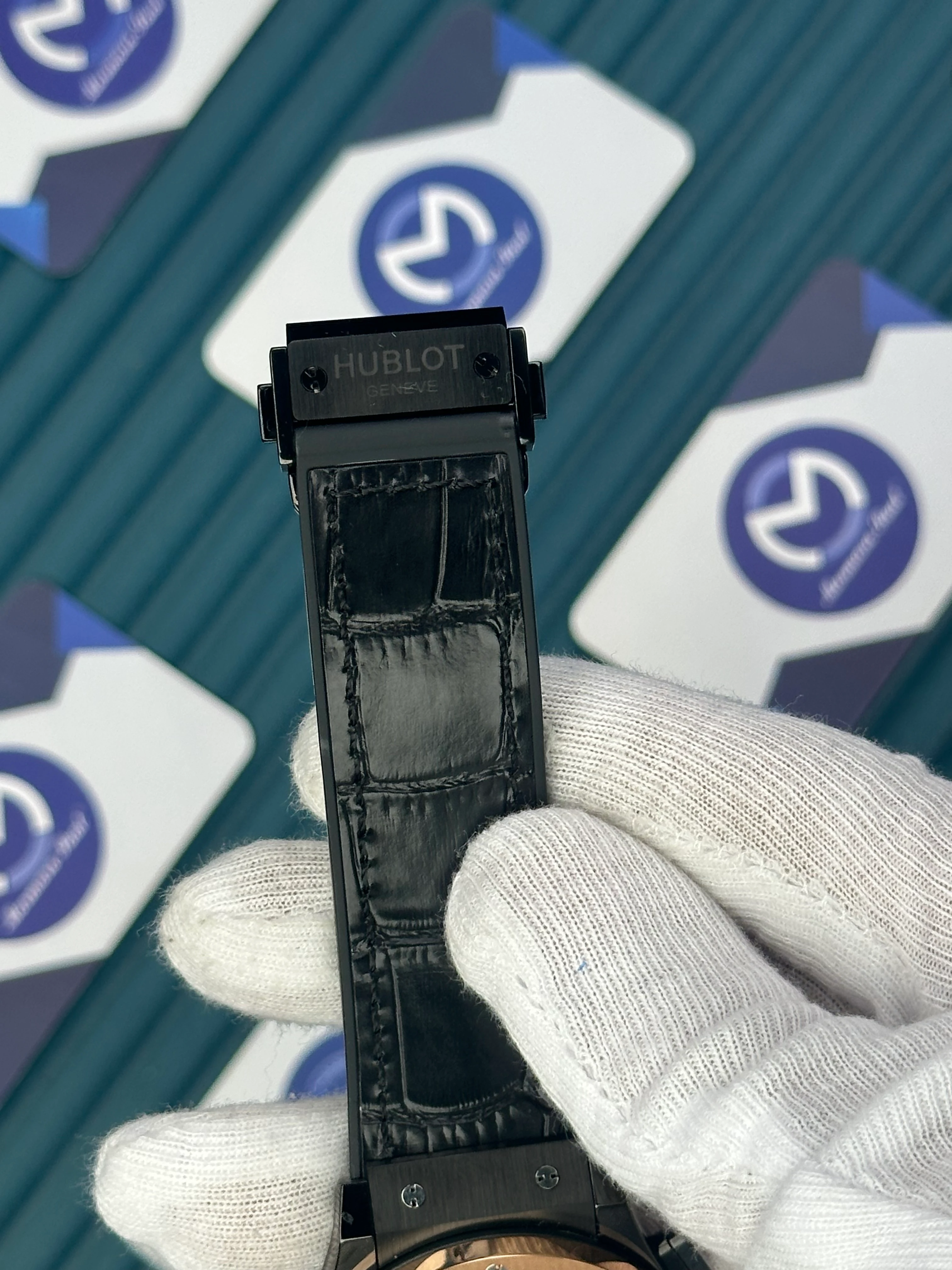 HUBLOT AUTOMATIC BLACK CHRONOGRAPH DIAL ROSE CASE BLACK CASE BLACK LEATHER CORD 