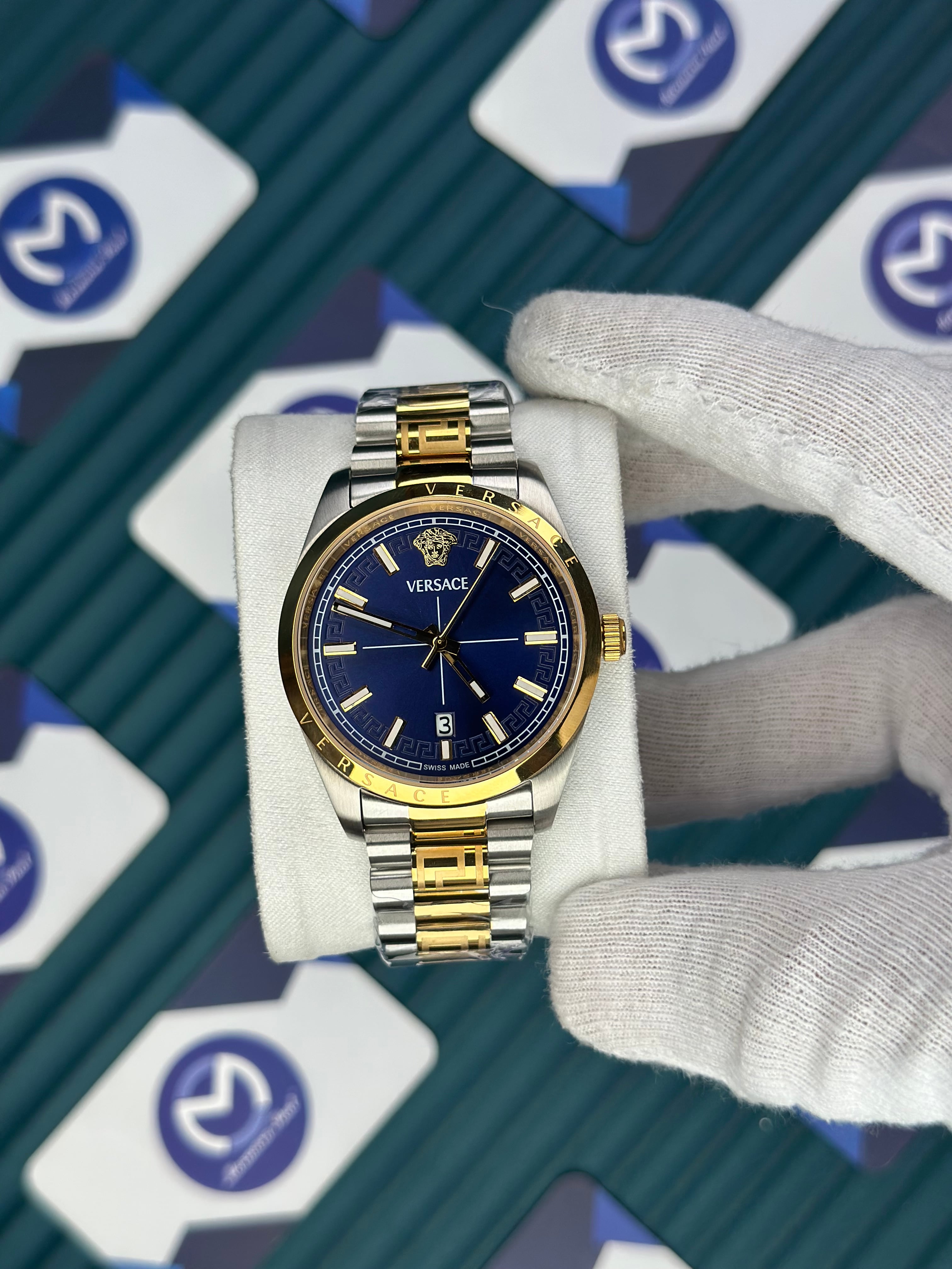 VERSACE NEW NAVY BLUE DIAL GOLD-SILVER PRESIDENT