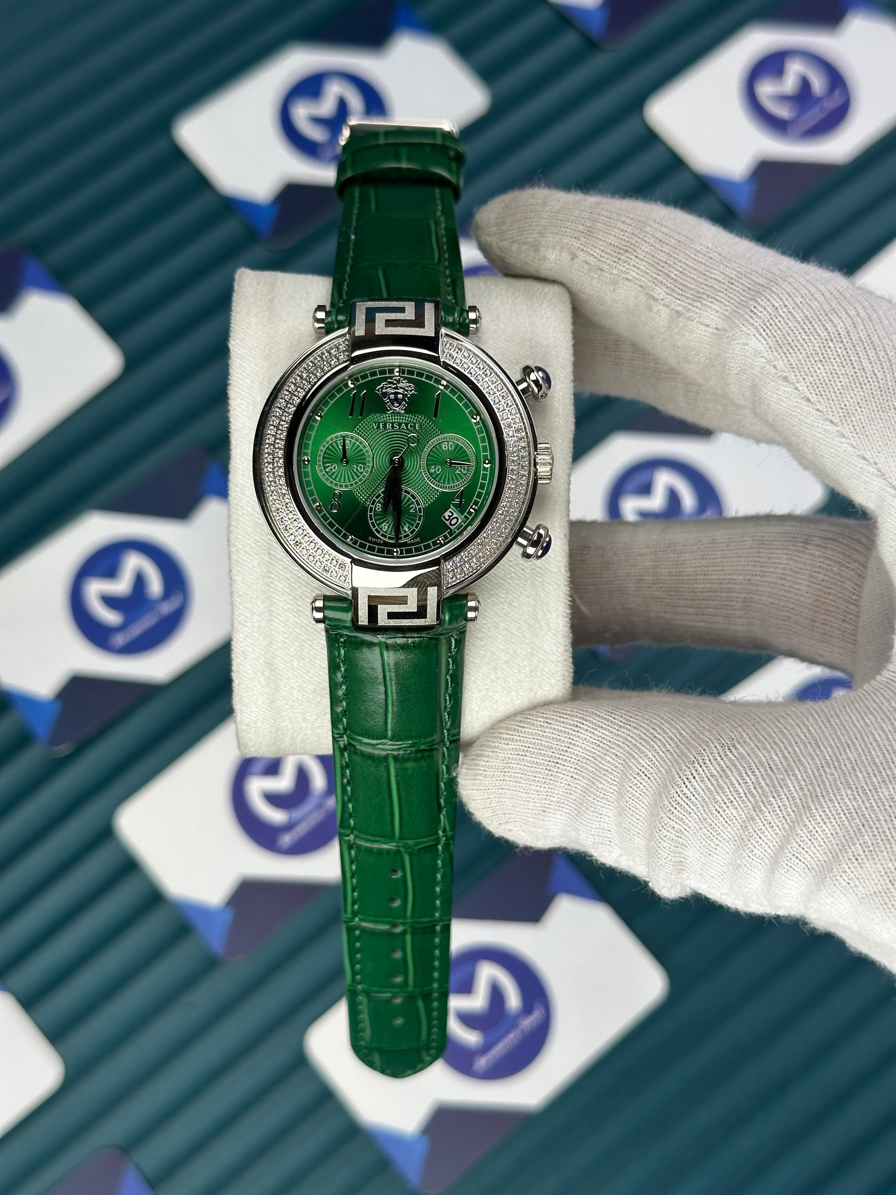 VERSACE 38 GREEN DIAL DIAMOND BEZEL SILVER CASE GREEN LEATHER CORD