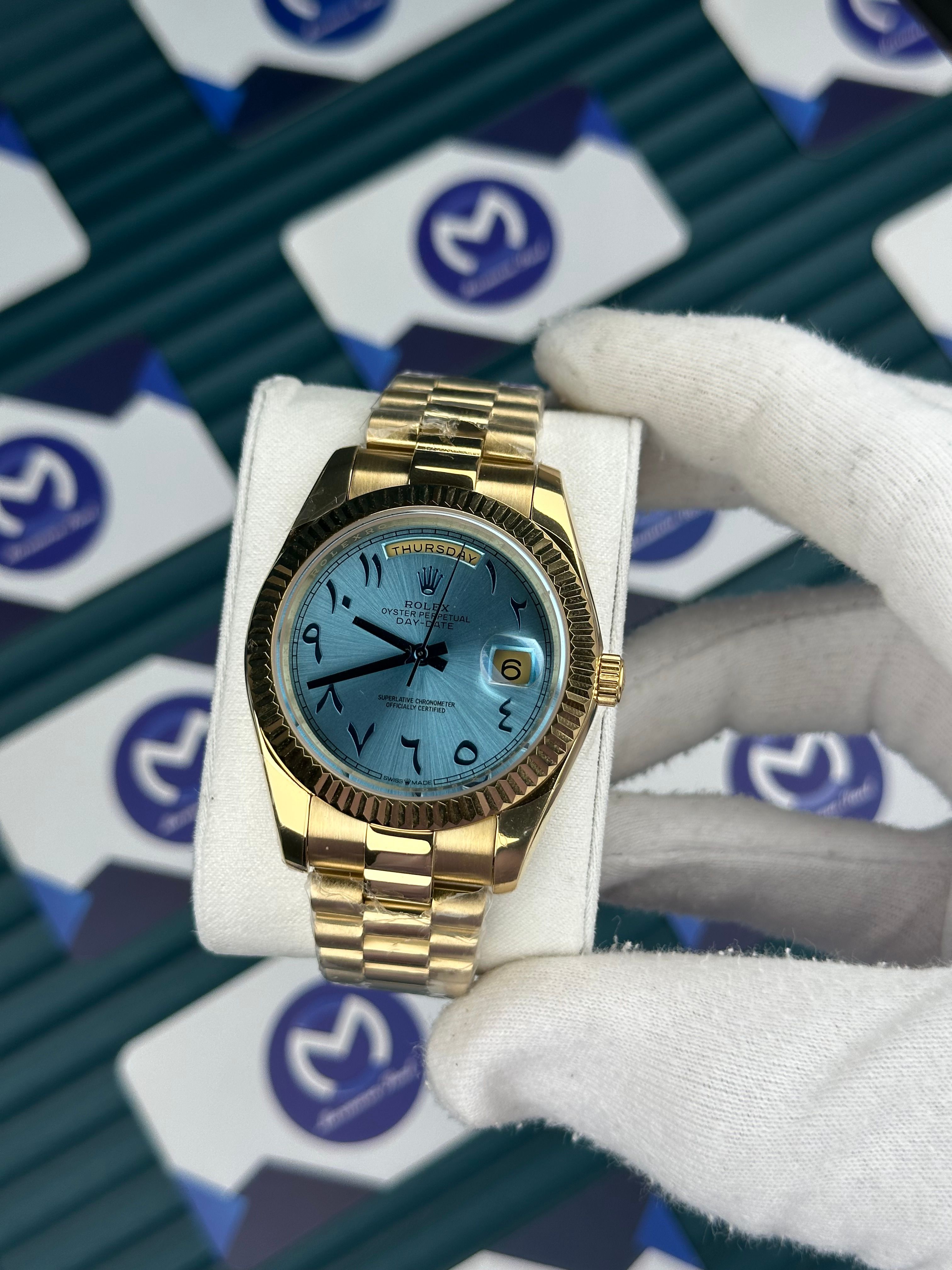Rolex Daydate Arapça İndeks Mavi Kadran Gold Kordon