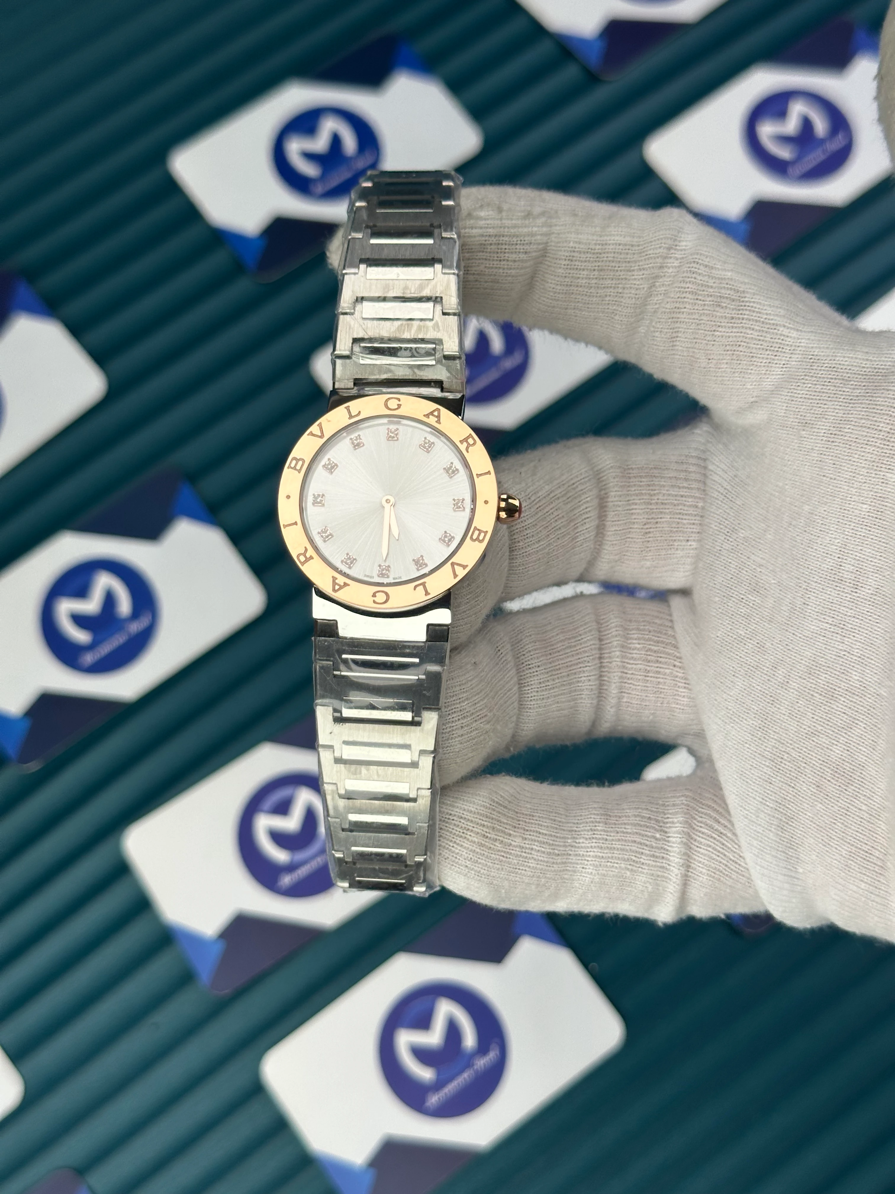 BVLGARI WHITE DIAL GOLD BEZEL DIAMOND INDEX SILVER CORD