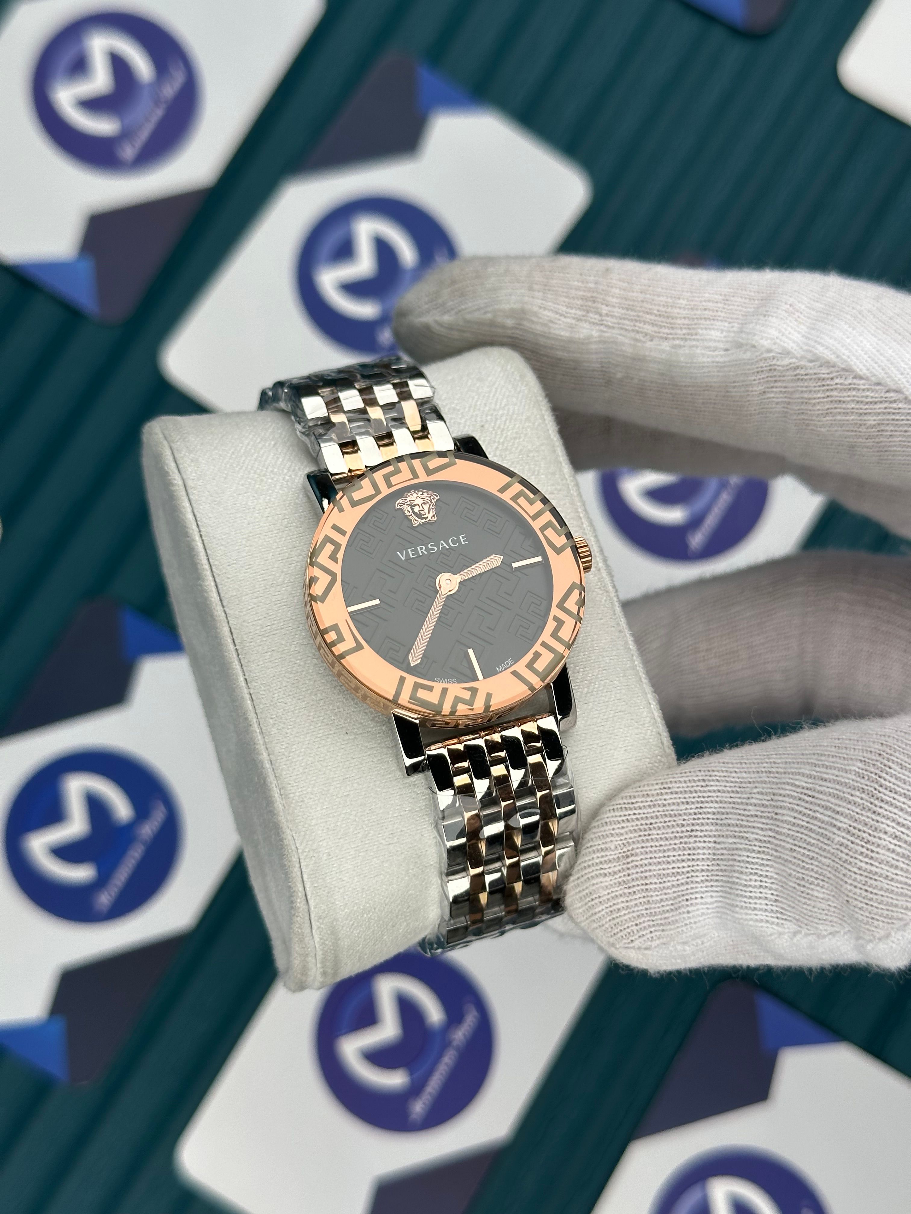 VERSACE DESENLİ AYNALI BEZEL SİYAH KADRAN ROSE SILVER KORDON