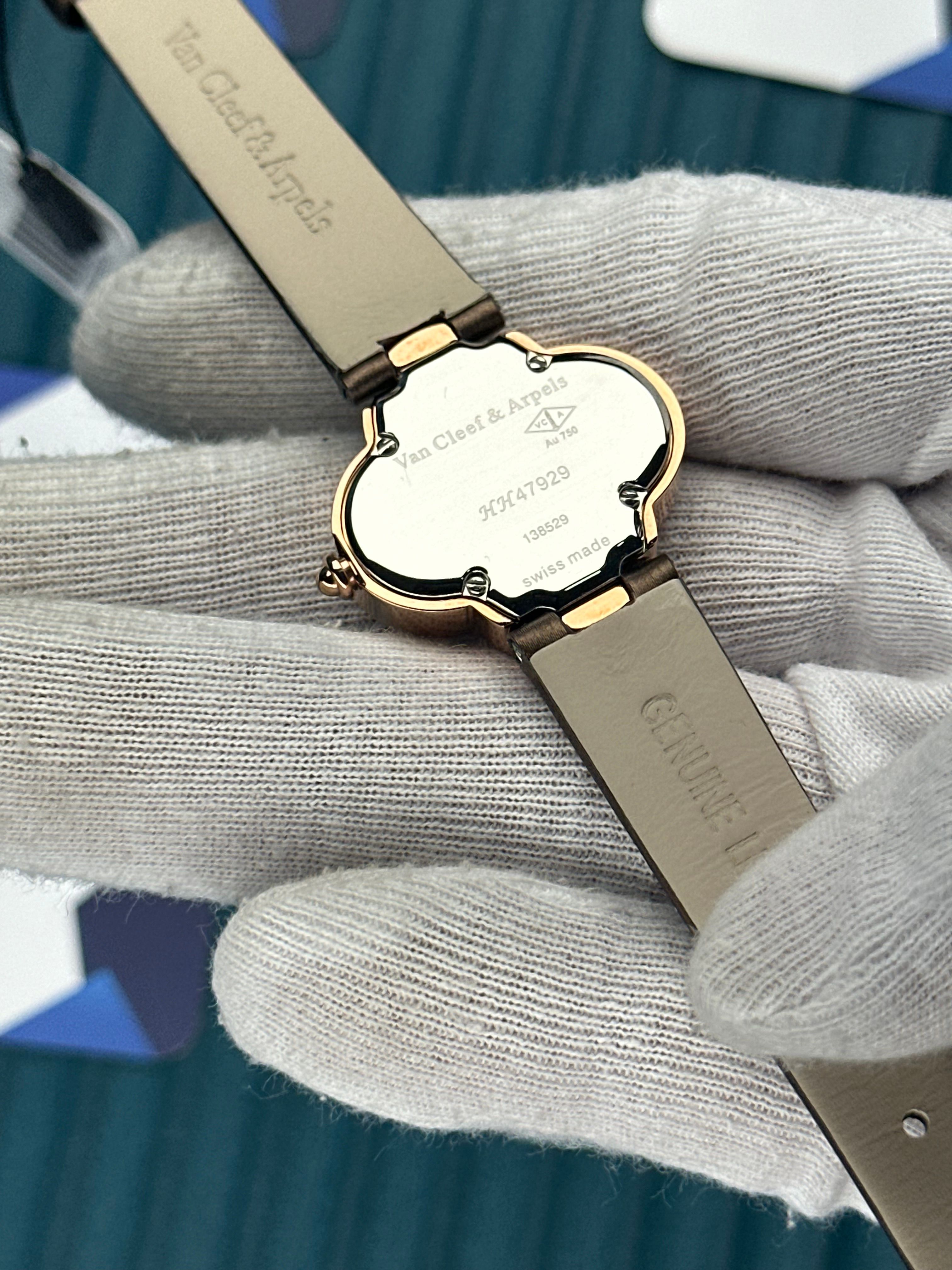 VAN CLEEF & ARPELS WHITE DIAL DIAMOND BEZEL ROSE CASE BROWN LEATHER CORD