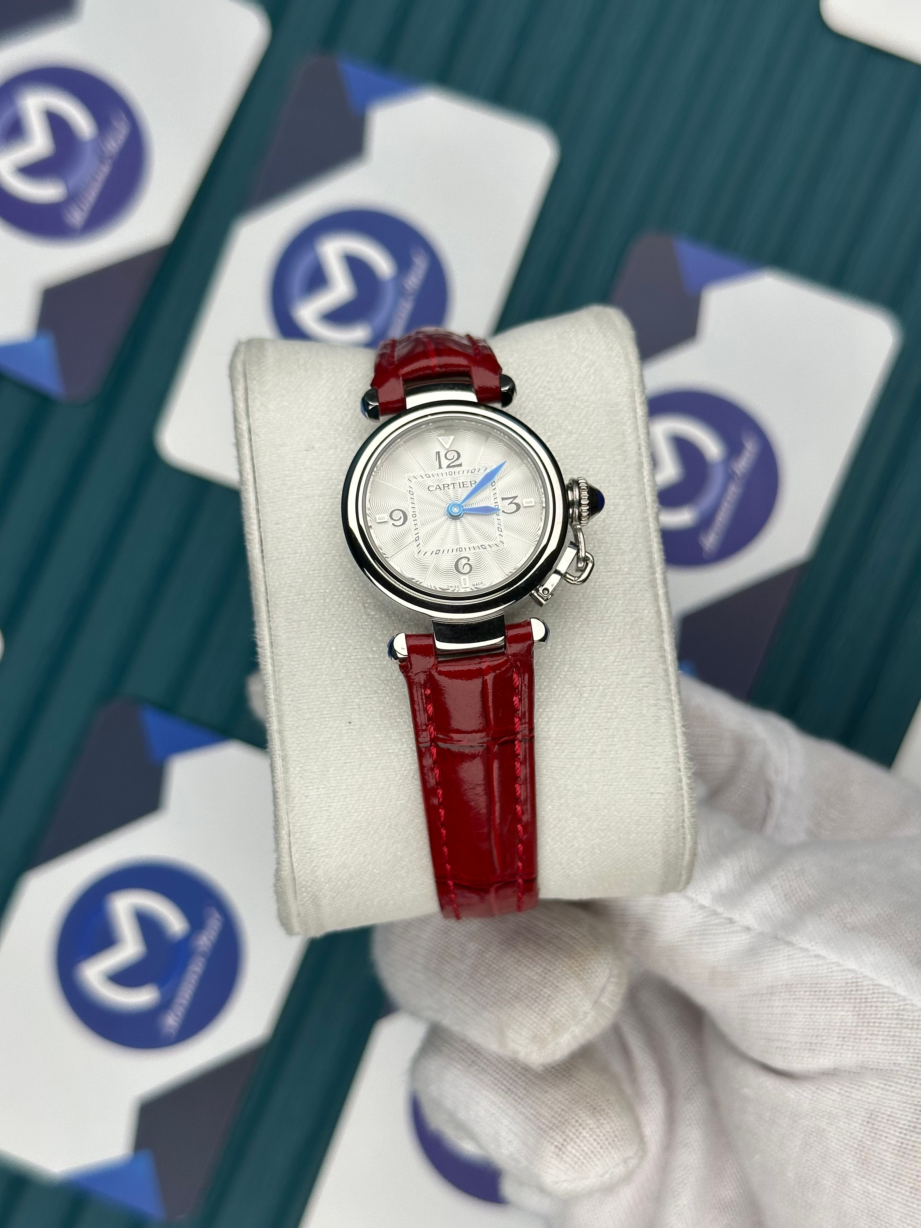 CARTIER PASHA DE CARTIER WHITE DIAL SILVER CASE RED LEATHER CORD