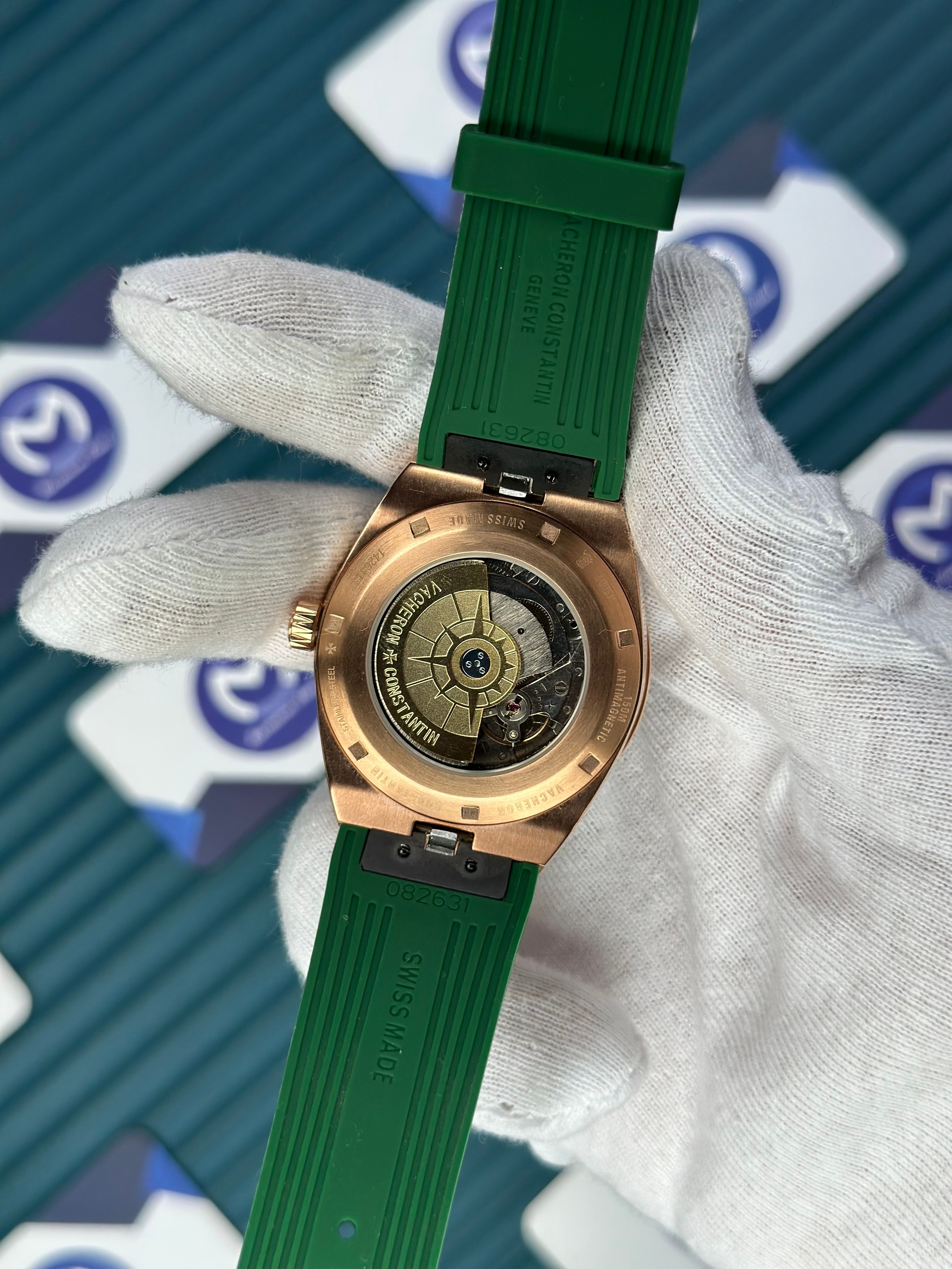 VACHERON CONSTANTIN GREEN DIAL ROSE CASE CHRONOGRAPH OVERSEAS GREEN RUBBER