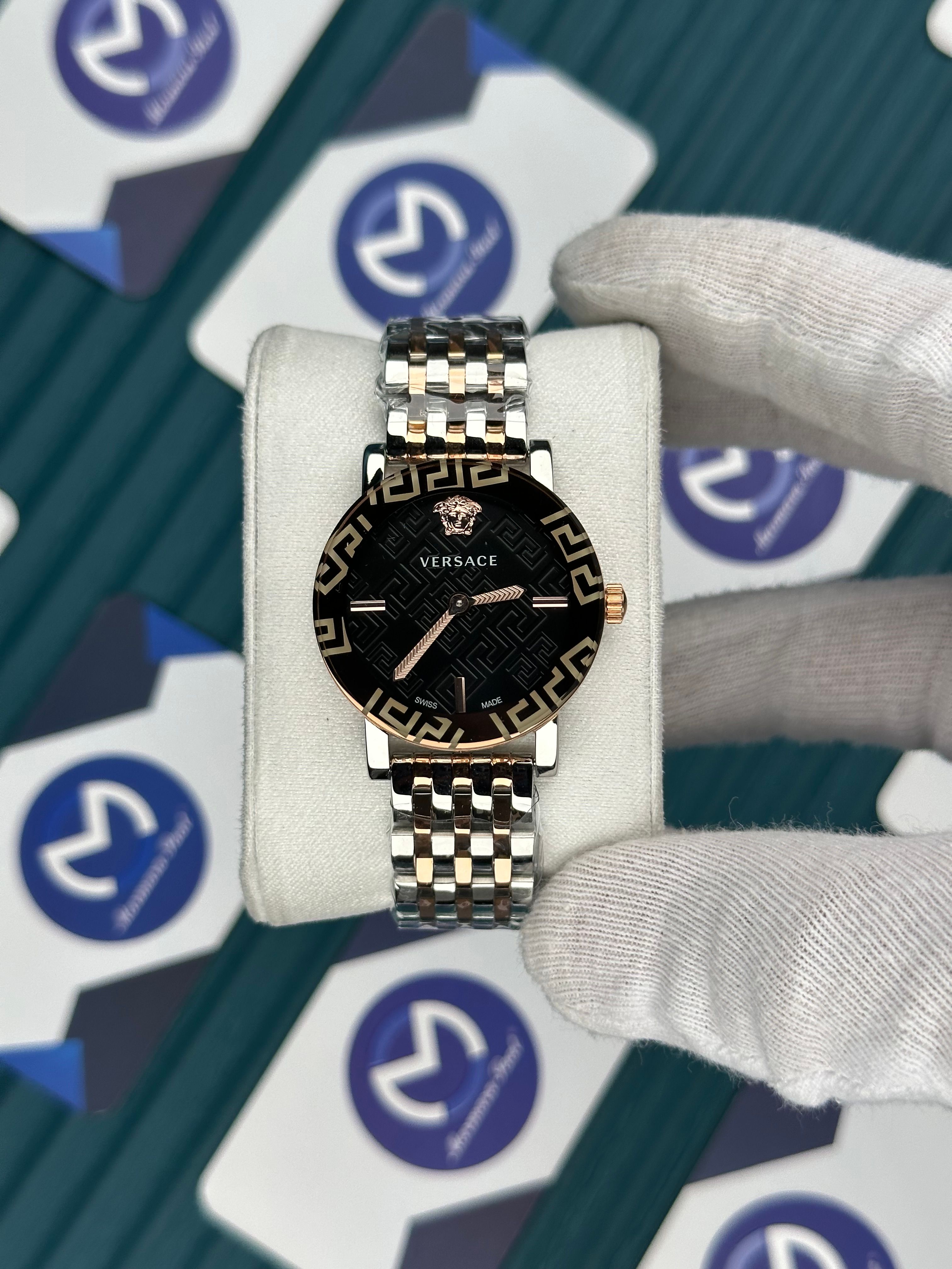 VERSACE DESENLİ AYNALI BEZEL SİYAH KADRAN ROSE SILVER KORDON