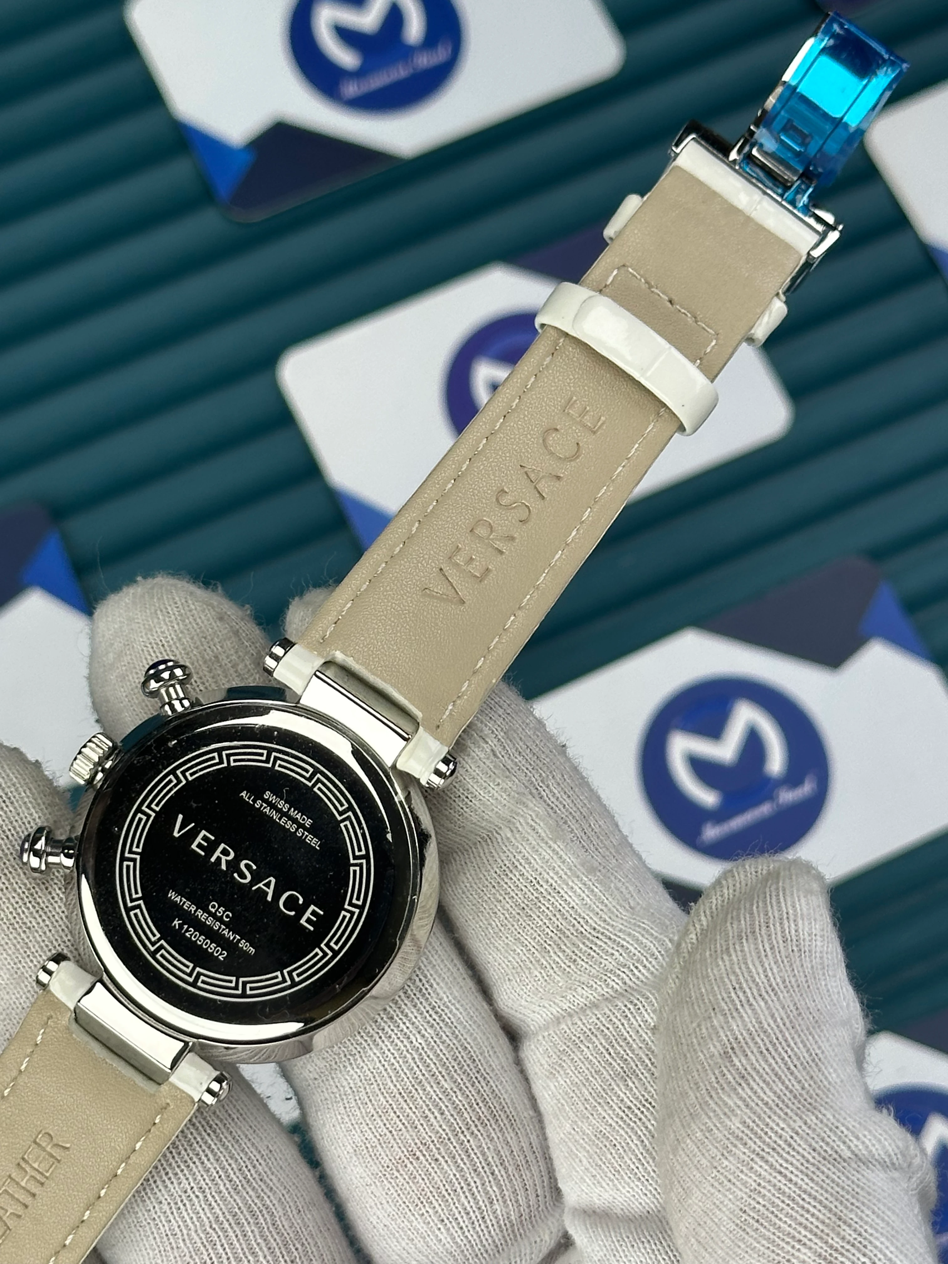 VERSACE 38 WHITE DIAL DIAMOND BEZEL SILVER CASE CHRONOGRAPH WHITE LEATHER CORD