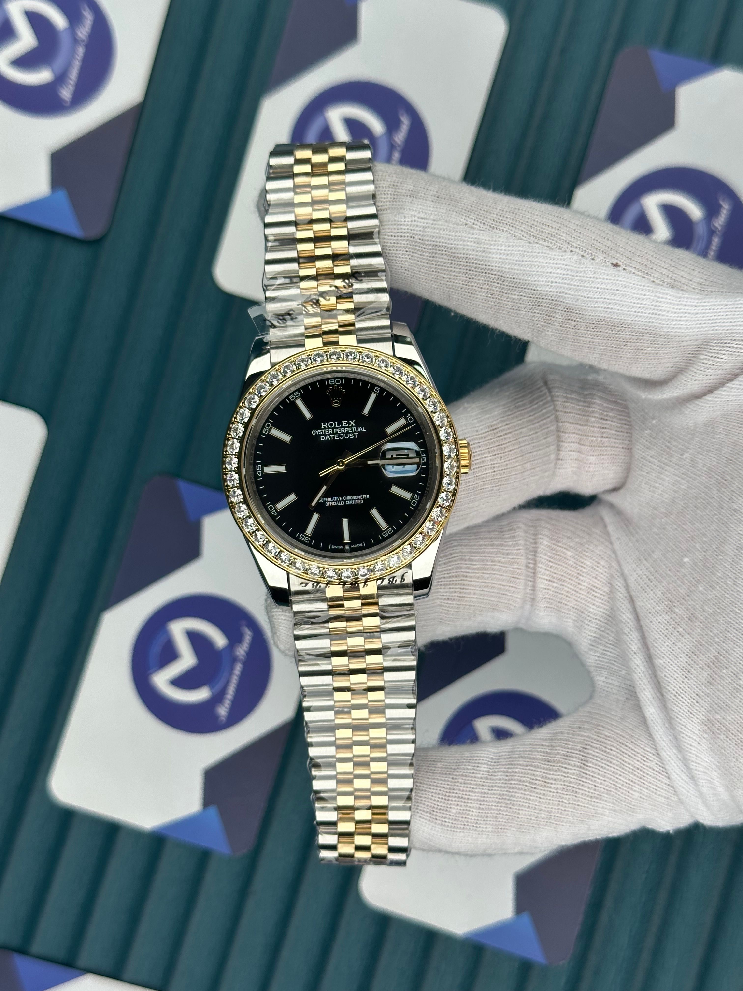 ROLEX DATEJUST BLACK DIAL DIAMOND BEZELGOLD-SILVER JUBILE