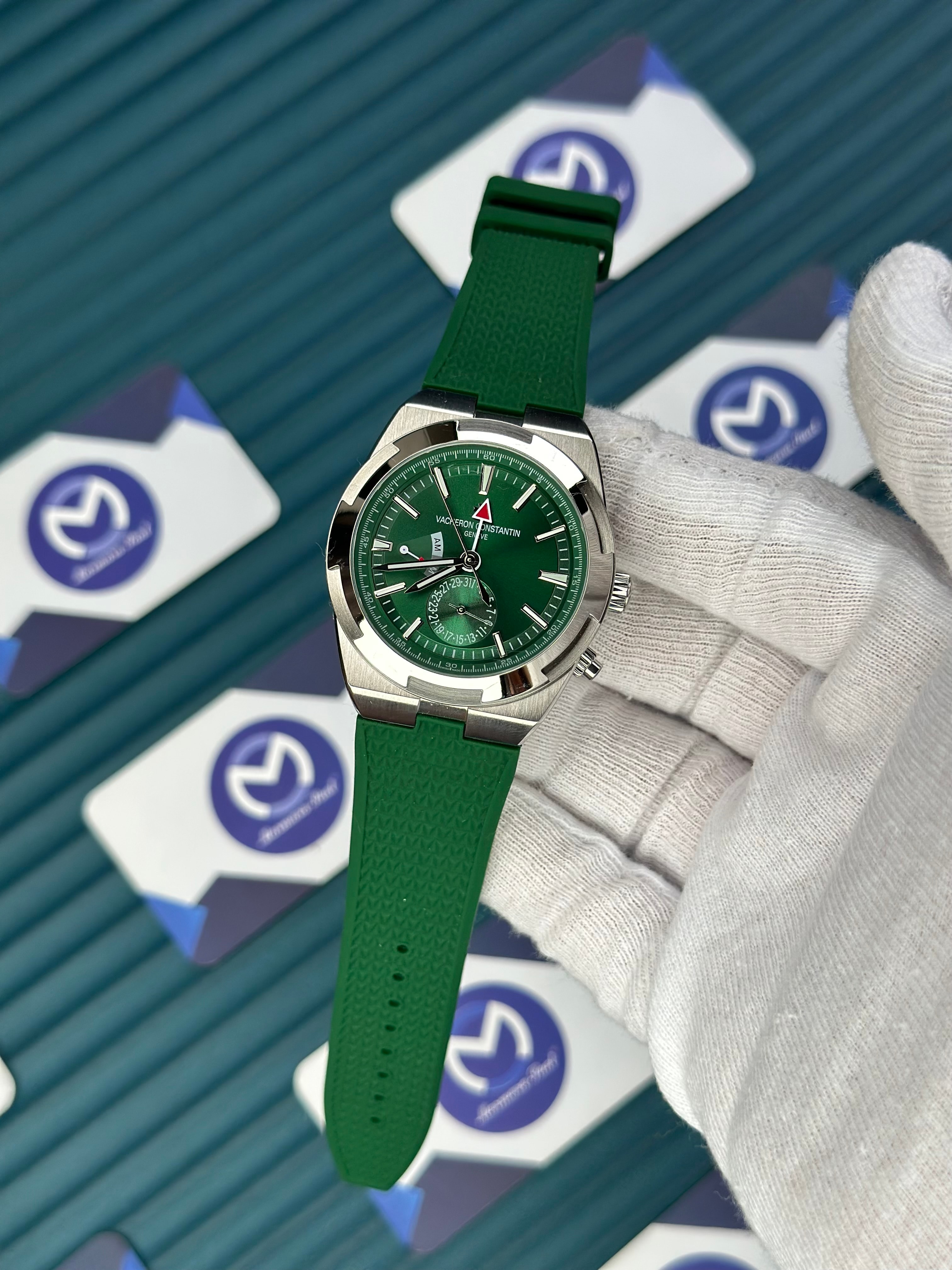 VACHERON CONSTANTIN GREEN DIAL SILVER CASE DUAL TIME OVERSEAS GREEN RUBBER