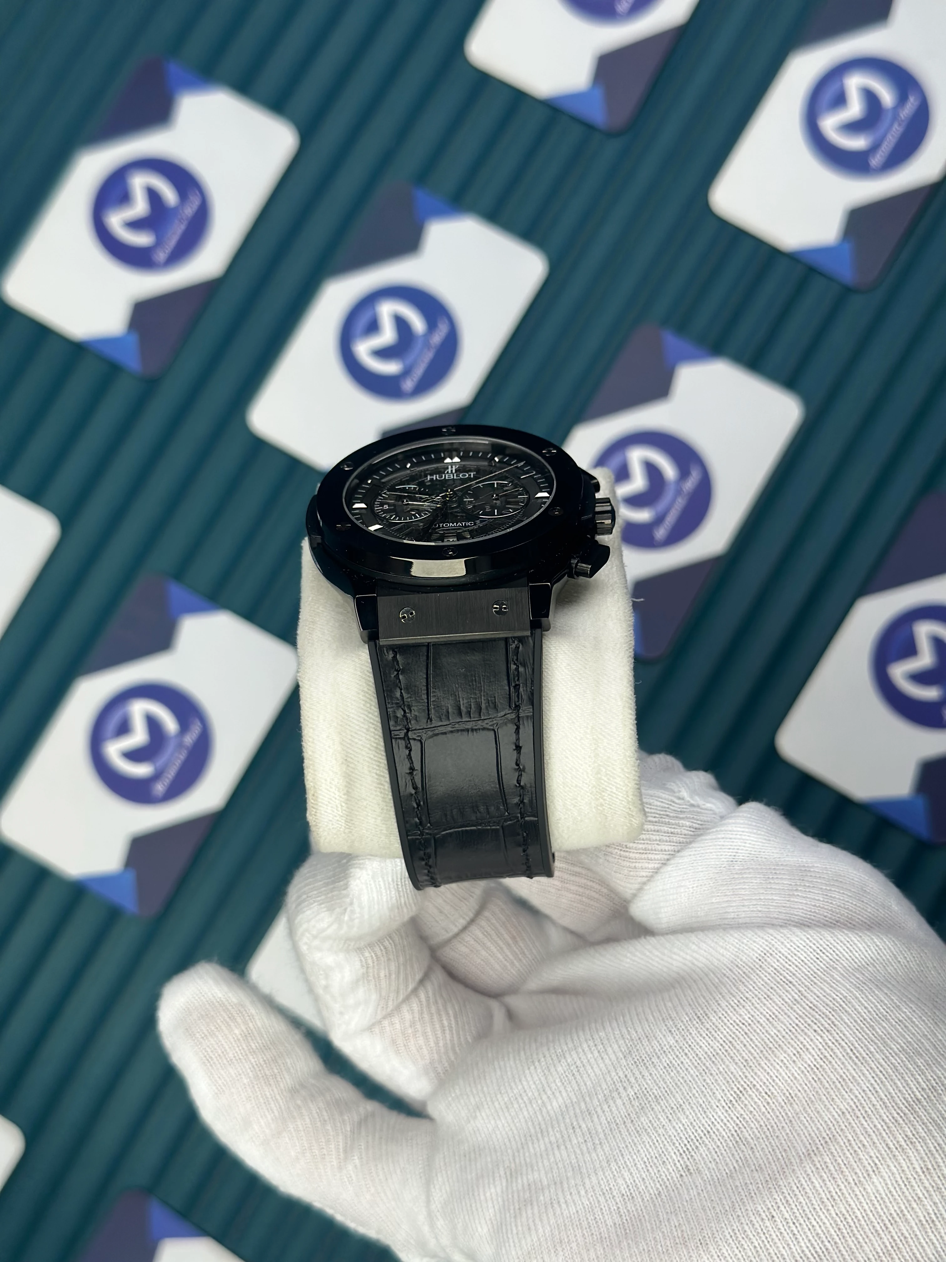 HUBLOT AUTOMATIC BLACK EDITION SILVER CASE SKELETON LEATHER BLACK CORD 