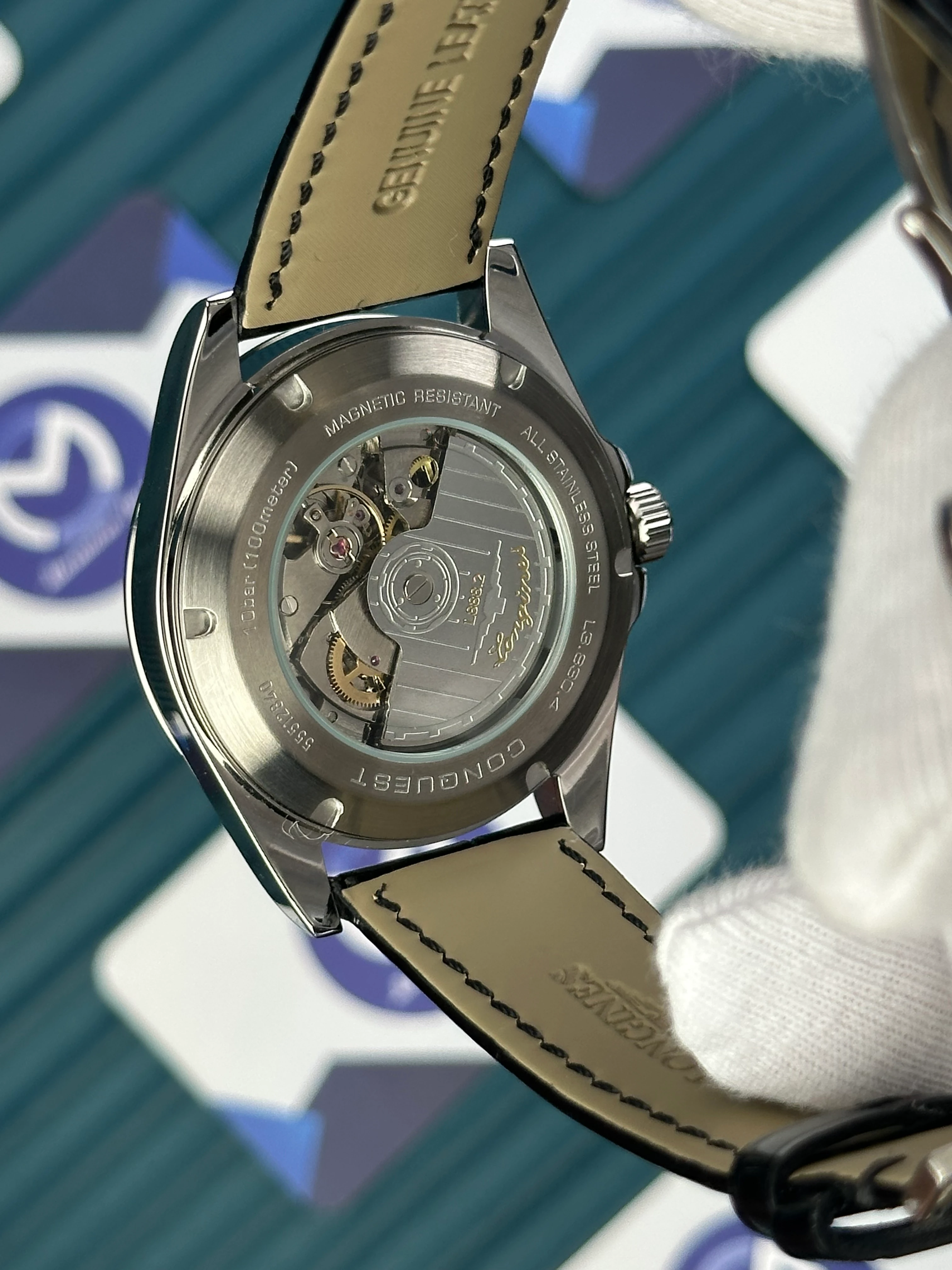 LONGINES CONQUEST AUTOMATIC BLACK DIAL SILVER CASE BLACK LEATHER 