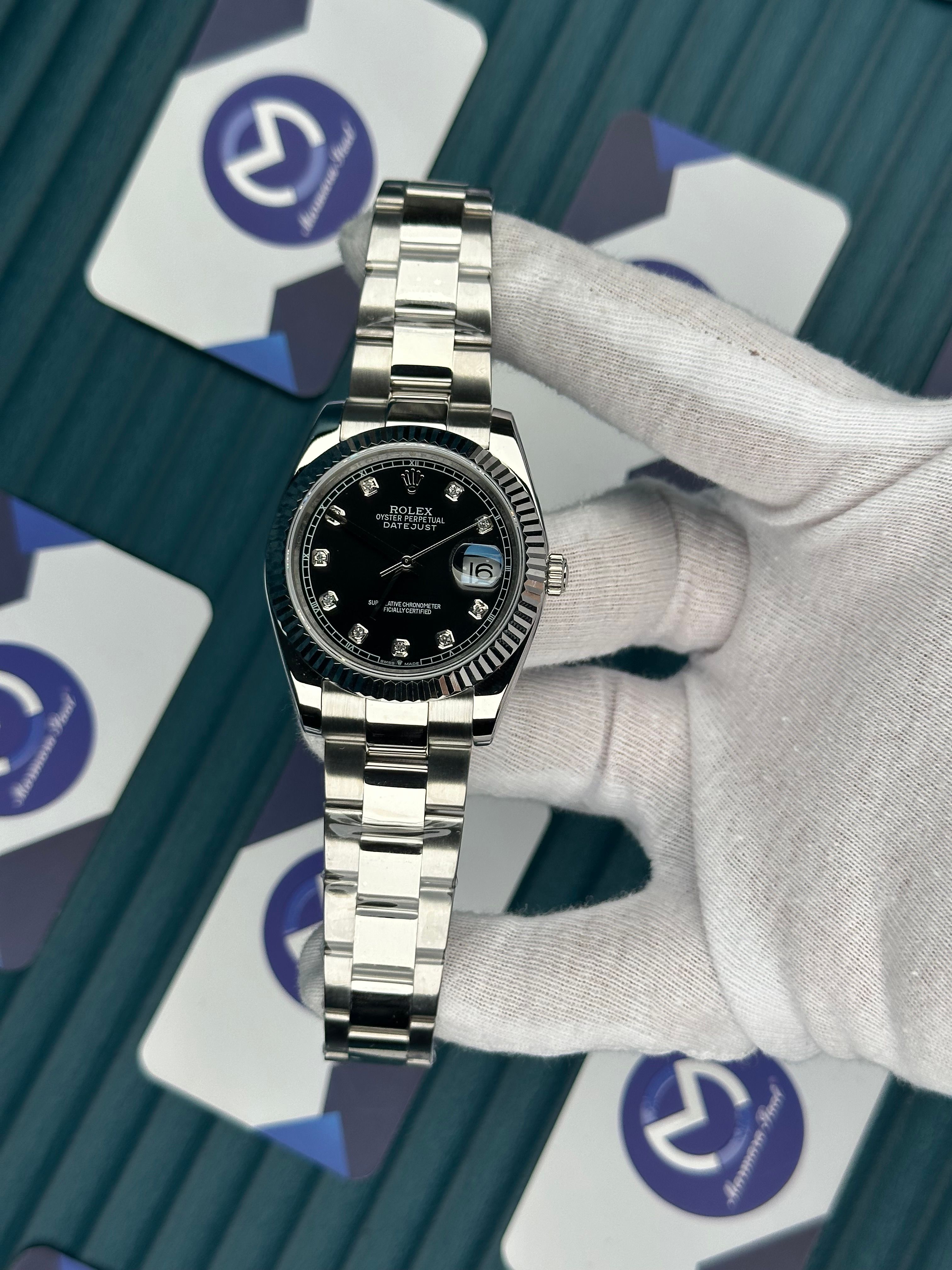 ROLEX DATEJUST BLACK DIAL DIAMOND INDEX SILVER OYSTER