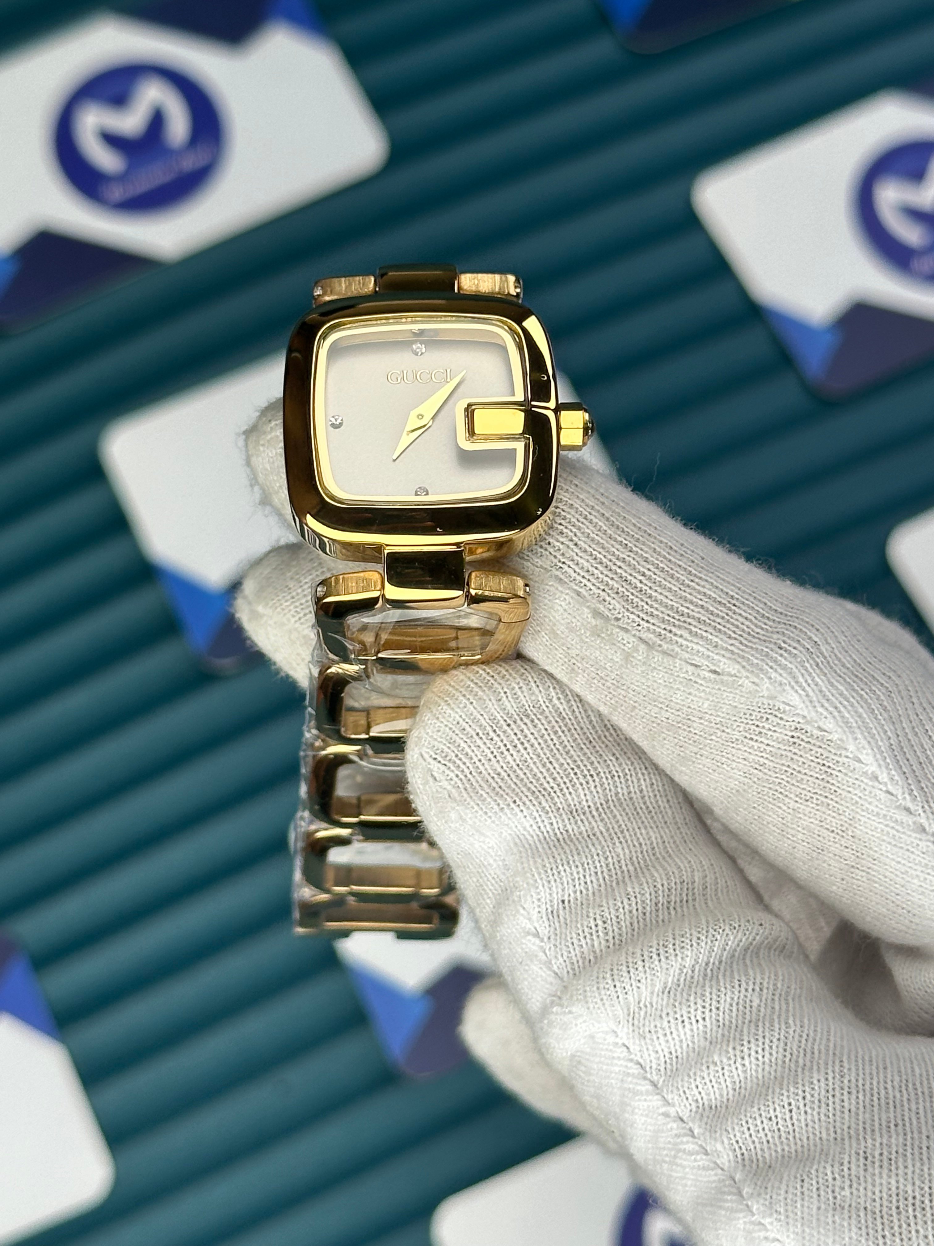 GUCCI WOMAN RING BRACELET WHITE DIAL DIAMOND INDEX GOLD CORD