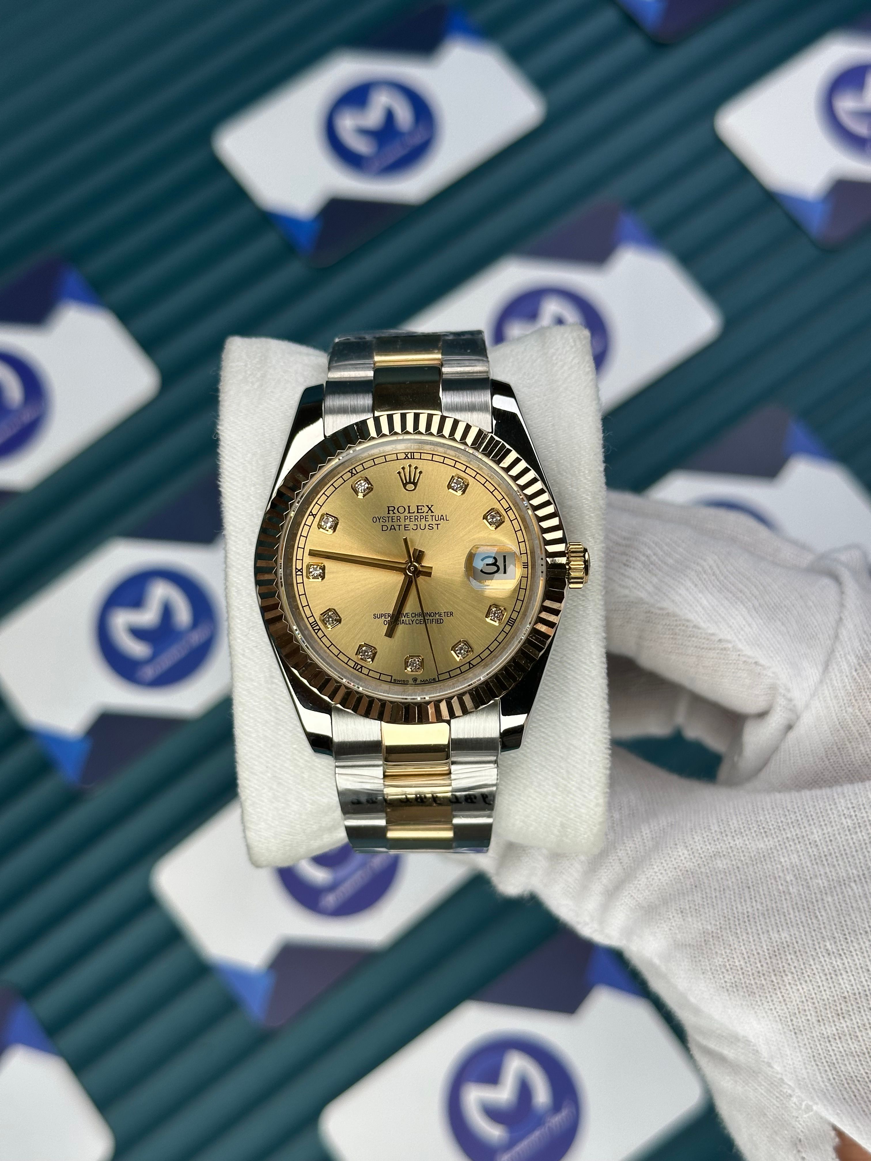 ROLEX DATEJUST GOLD DIAL DIAMOND INDEX GOLD-SILVER OYSTER
