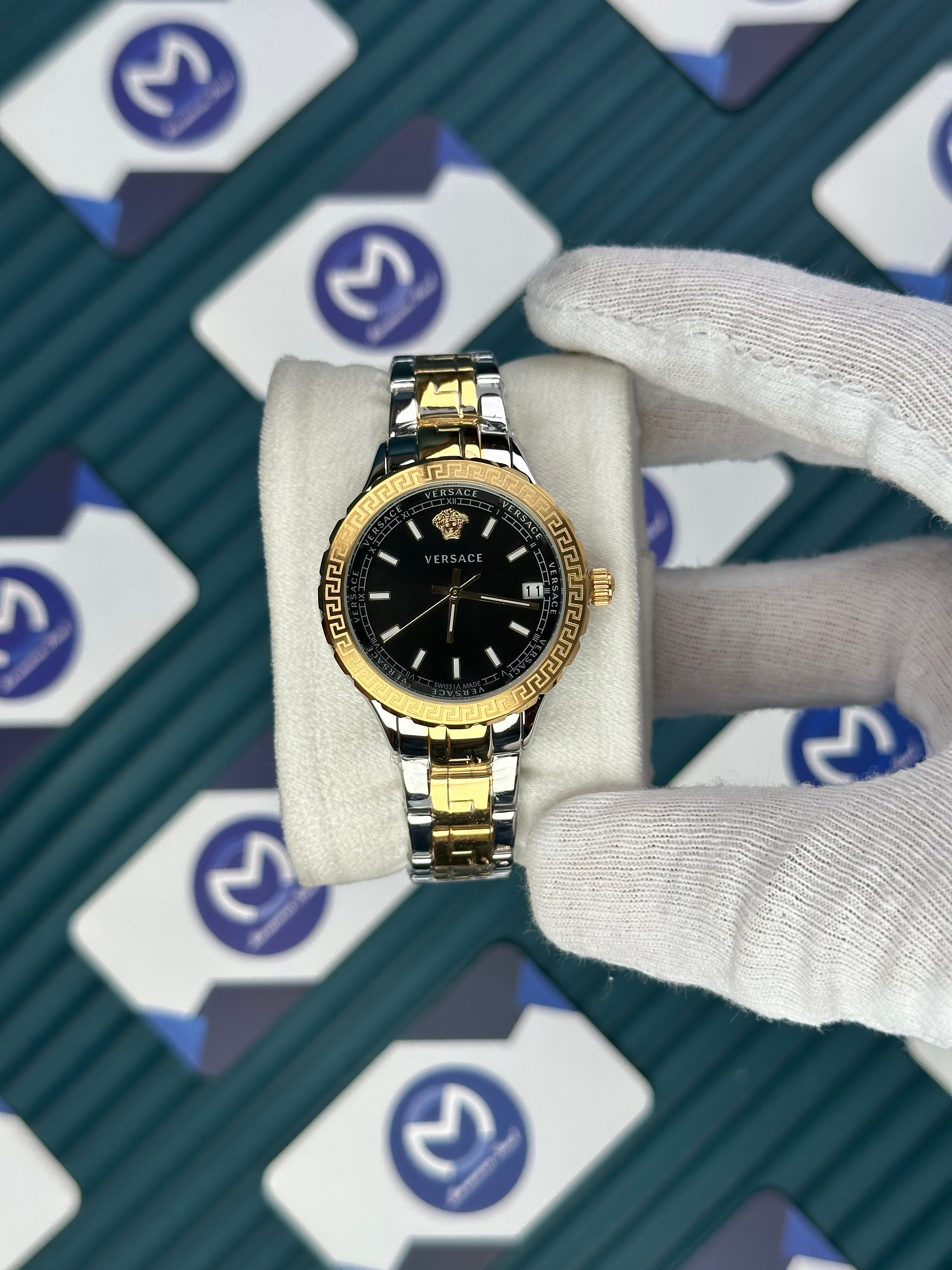VERSACE 36 BLACK DIAL GOLD-SILVER CORD 