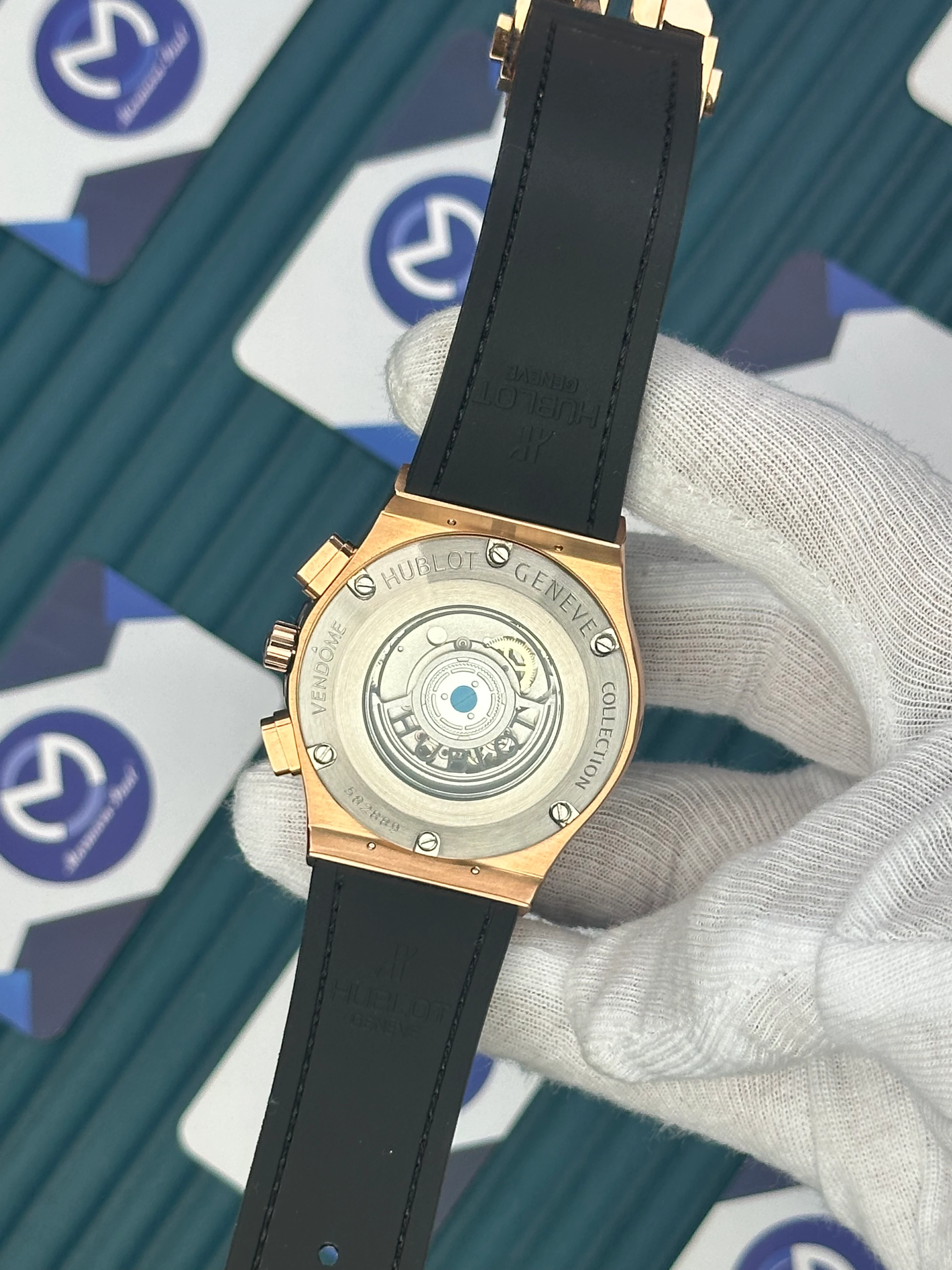 HUBLOT AUTOMATIC CLASSIC FUSHION VENDOME BLACK DIAL CHRONOGRAPH BEIGE LEATHER CORD 