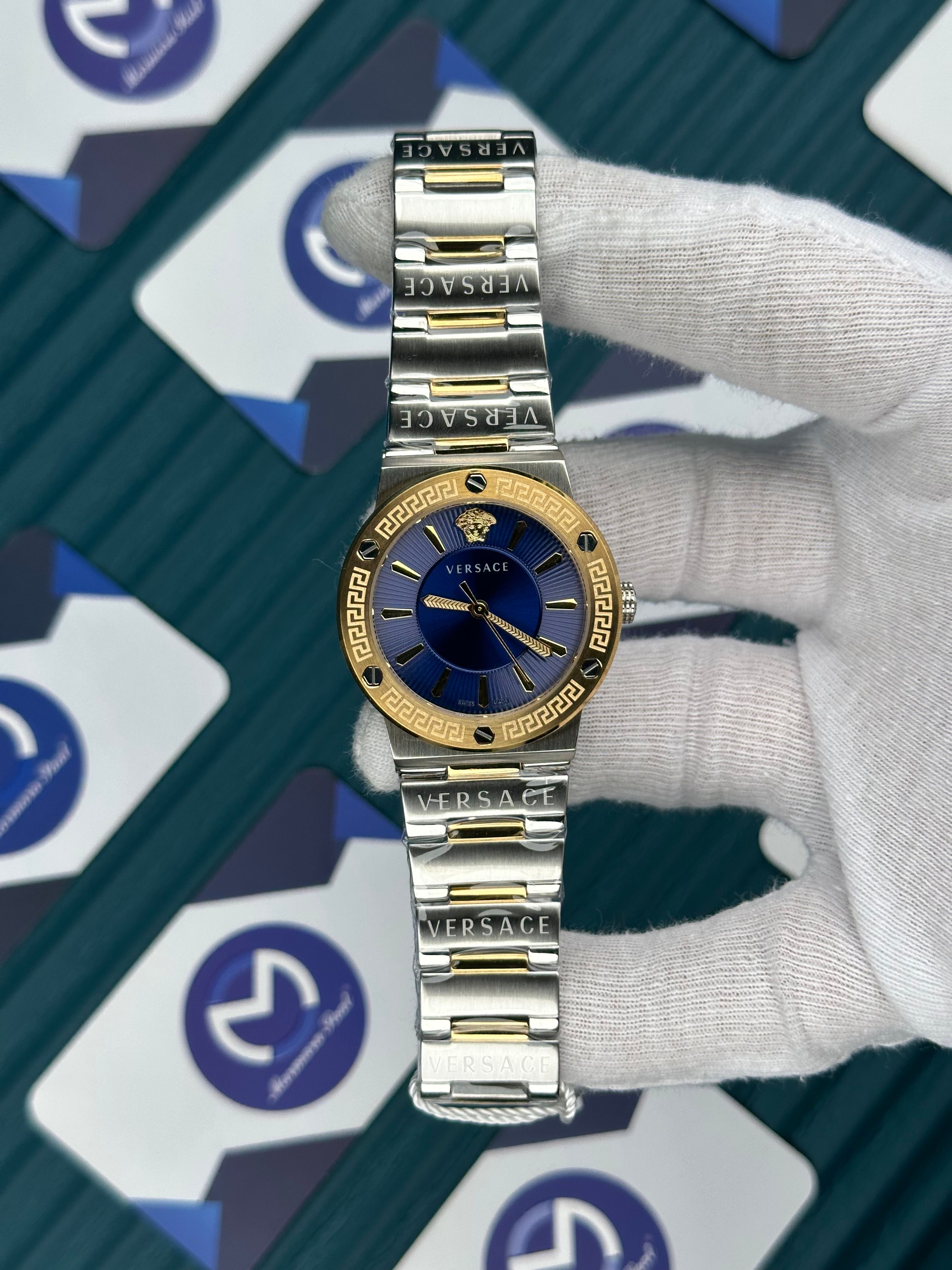 VERSACE 36 MM  BLUE DIAL GOLD-SILVER 
