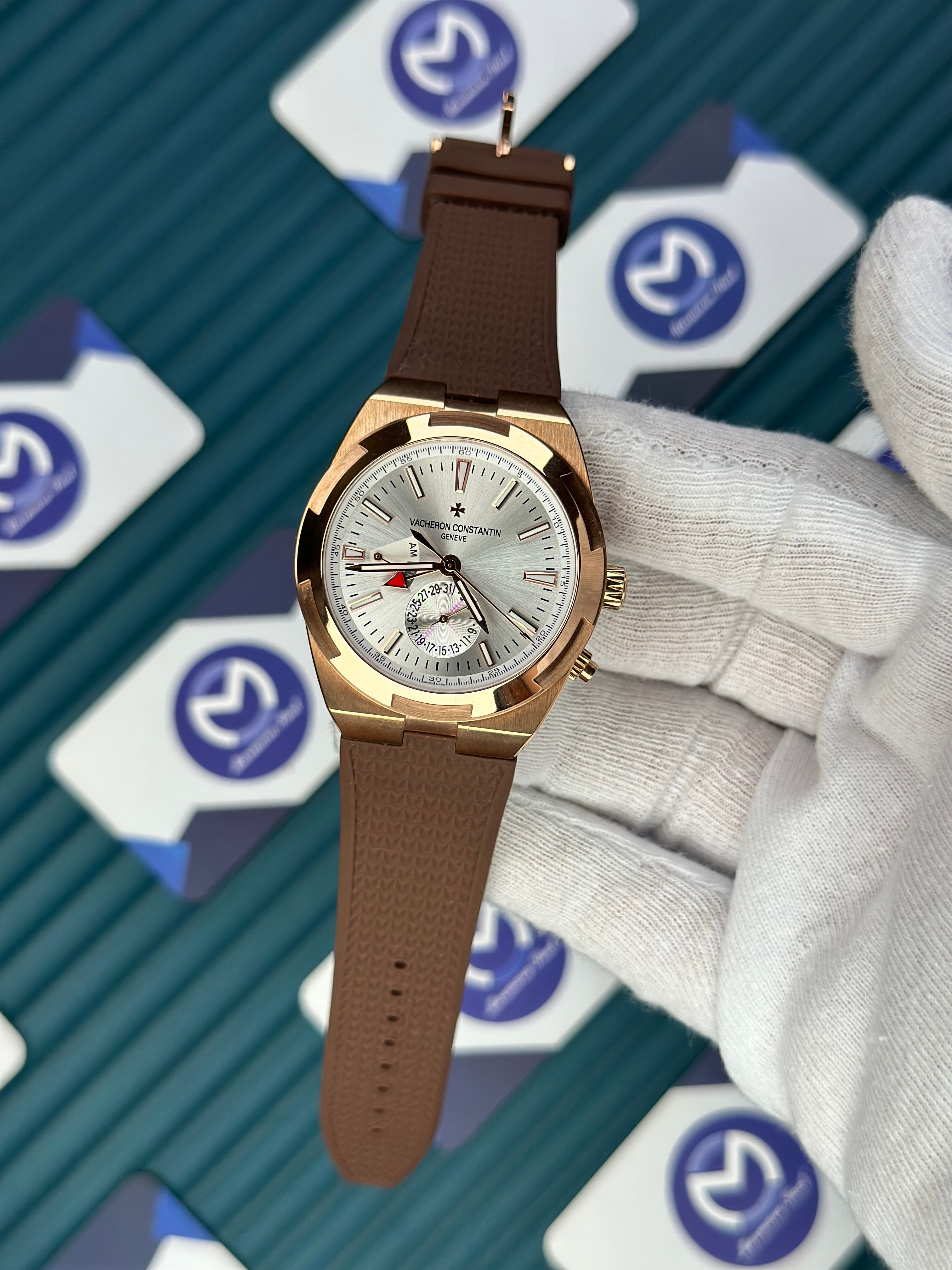 VACHERON CONSTANTIN WHITE DIAL ROSE CASE DUAL TIME OVERSEAS BROWN RUBBER