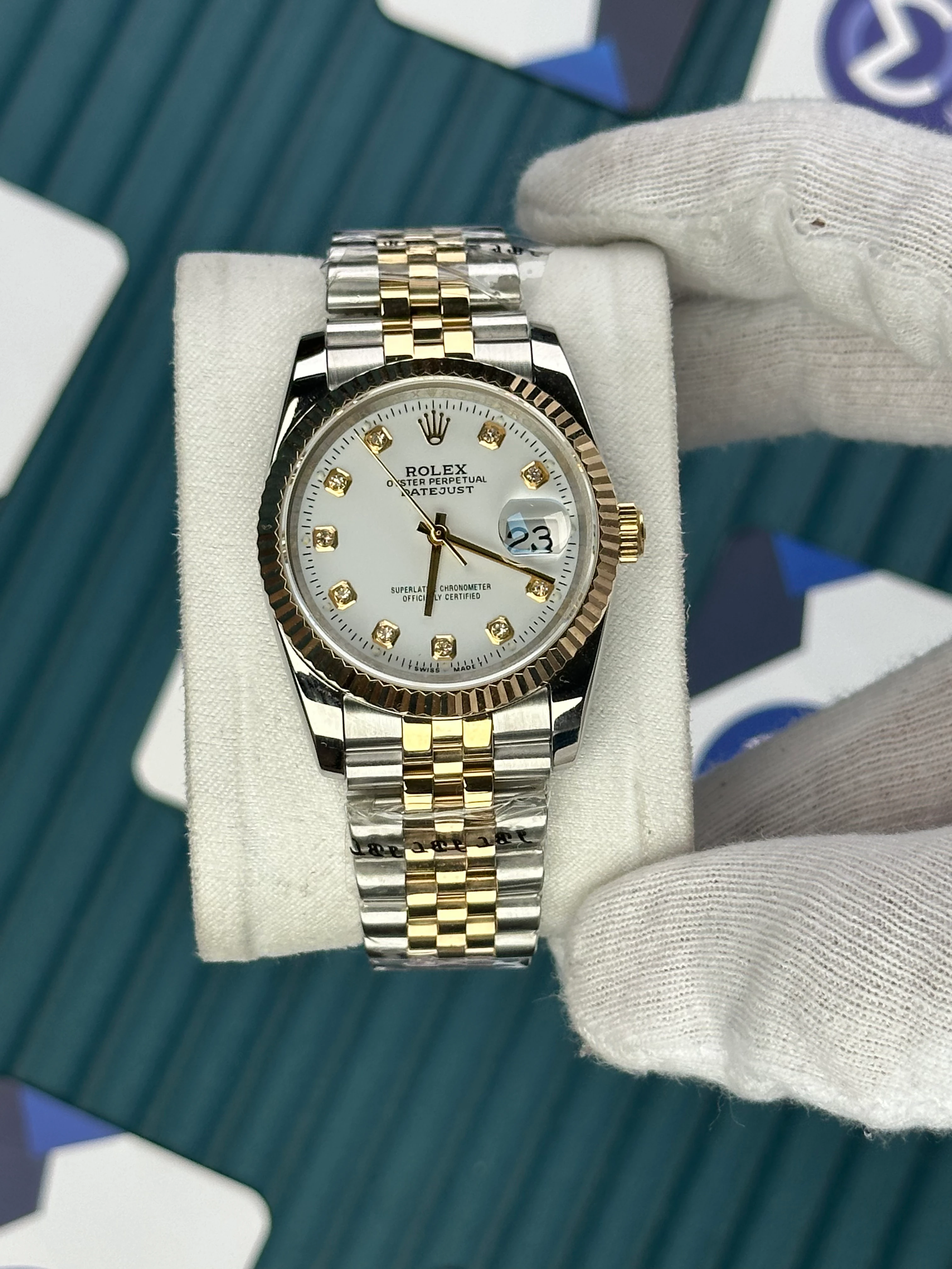 ROLEX 36 MM DATEJUST WHITE DIAL DIAMOND INDEX GOLD-SILVER JUBILE II 