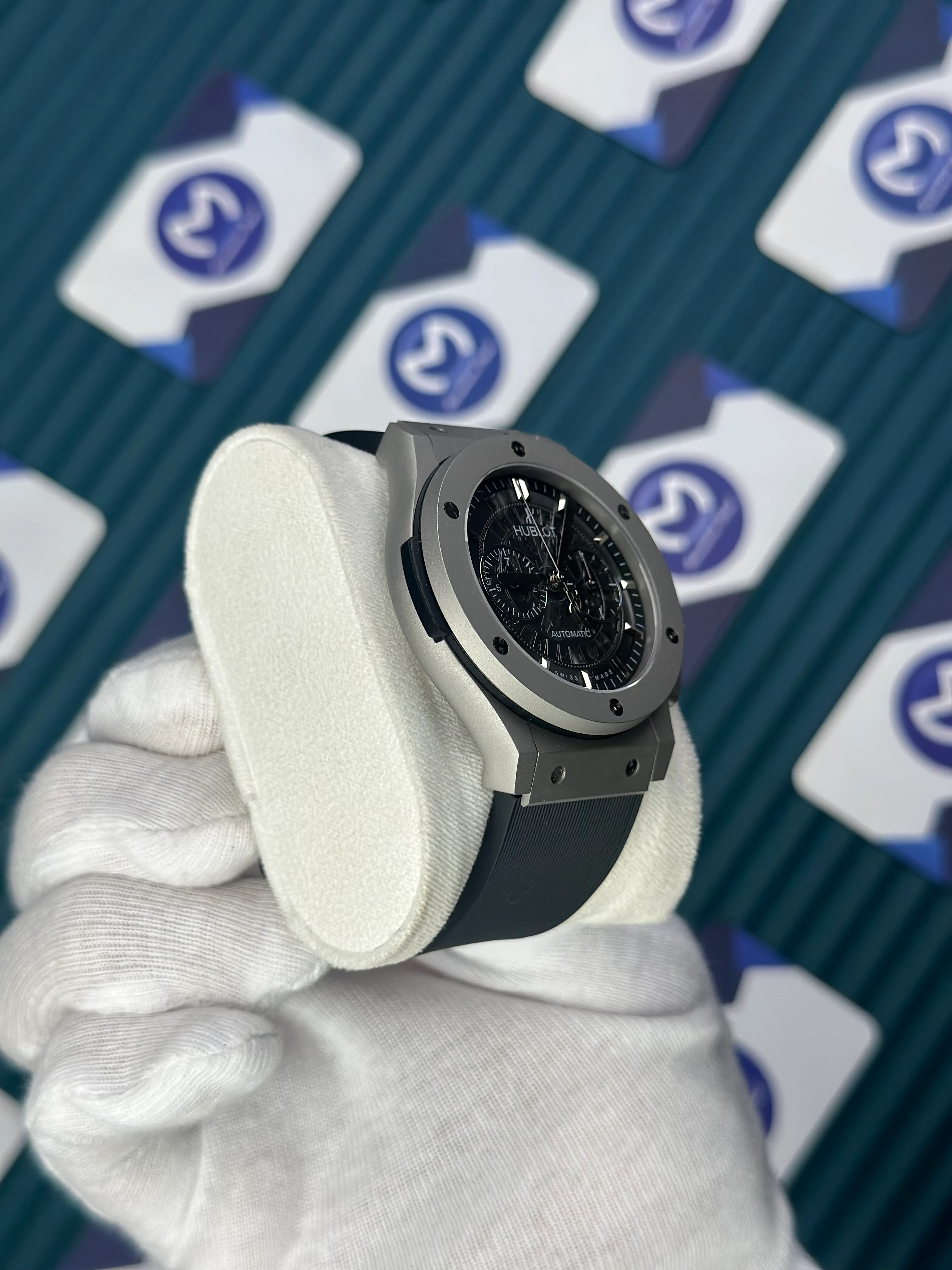 HUBLOT AUTOMATIC VENDOME SKELETON DIAL GREY CASE BLACK RUBBER