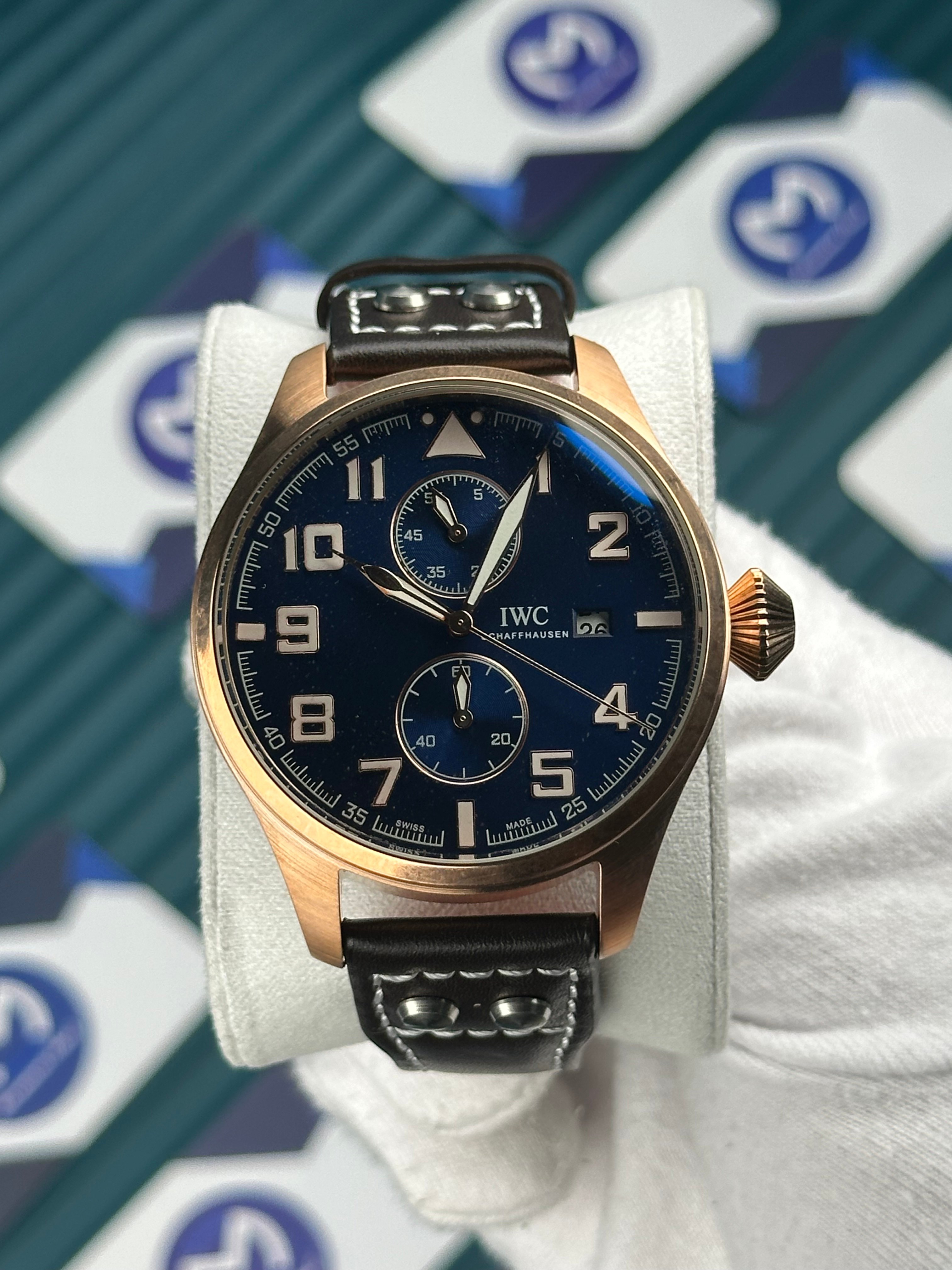 IWC Big Pilot Blue Dial Chronograph Rose Case Brown Cord
