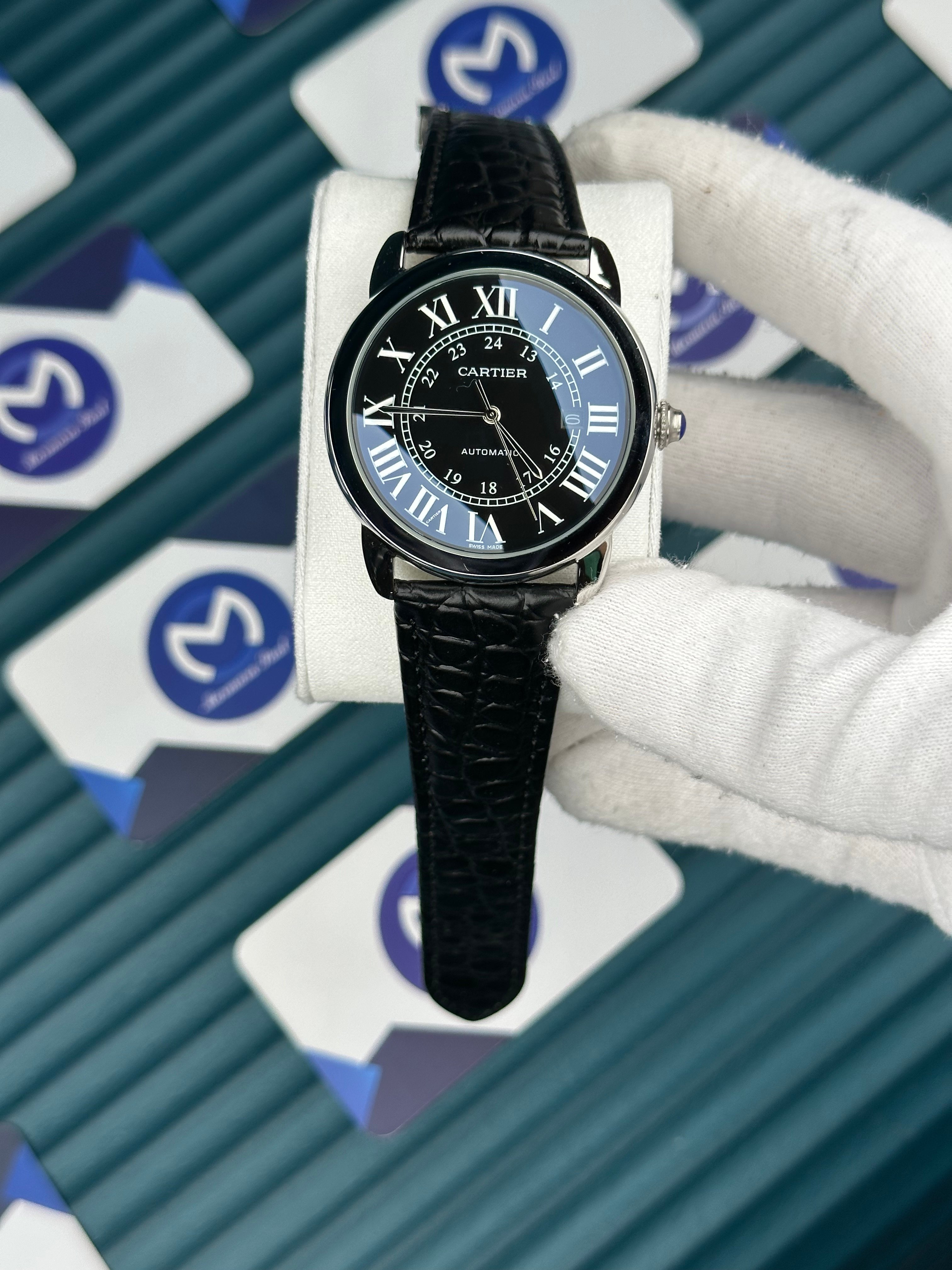 Cartier Ballon Siyah Deri Kordon Siyah Kadran Gümüş Kasa
