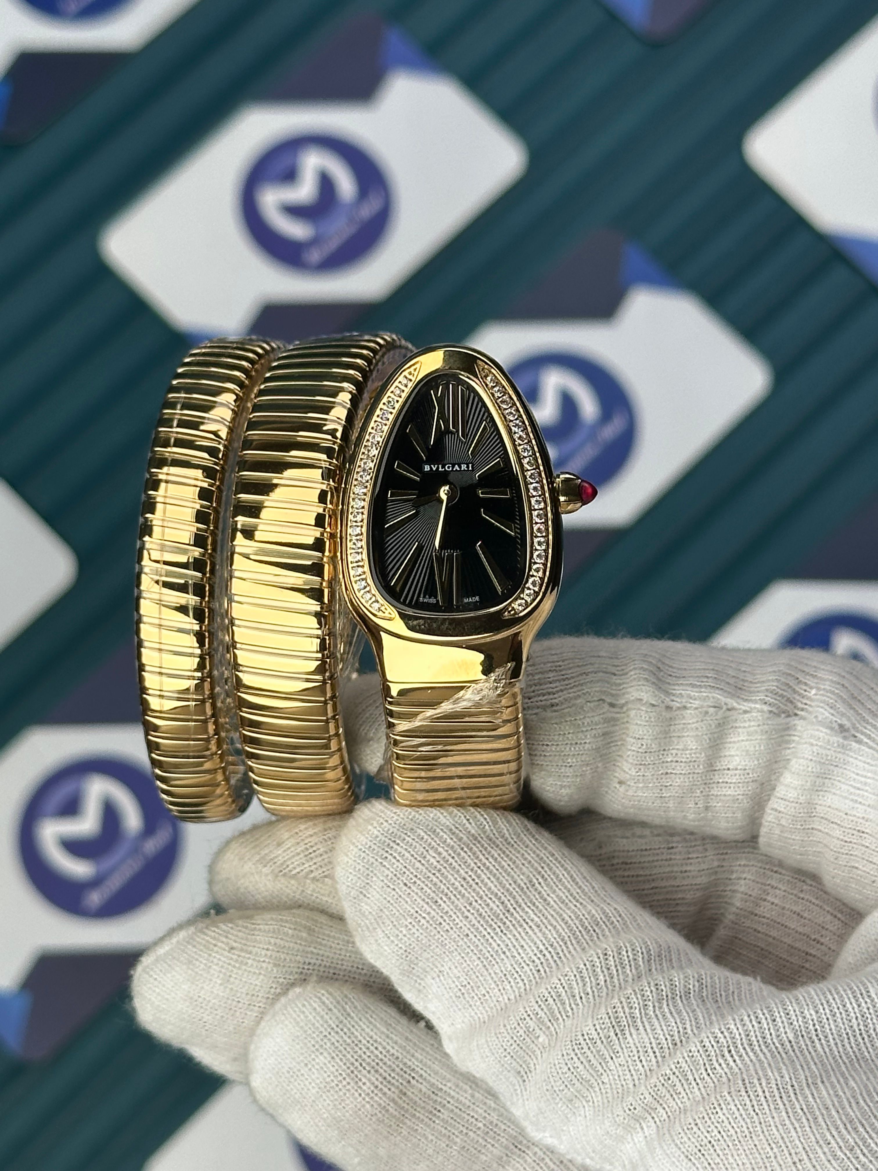 BVLGARI SERPENTI BLACK DIAL DIAMOND BEZEL GOLD LONG TUBOGAS