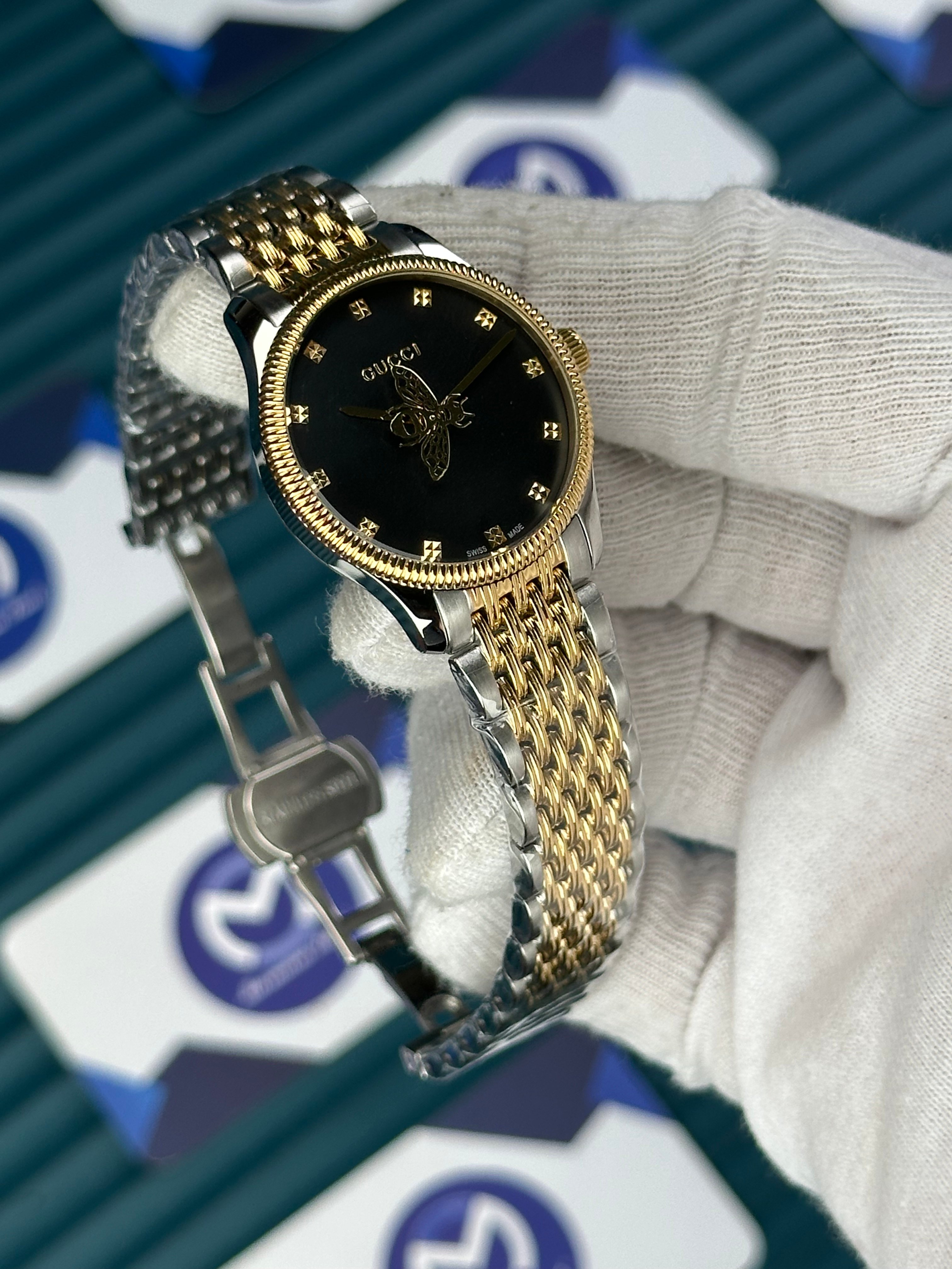 GUCCI BLACK DIAL SPINNING BUTTERFLY GOLD-SILVER