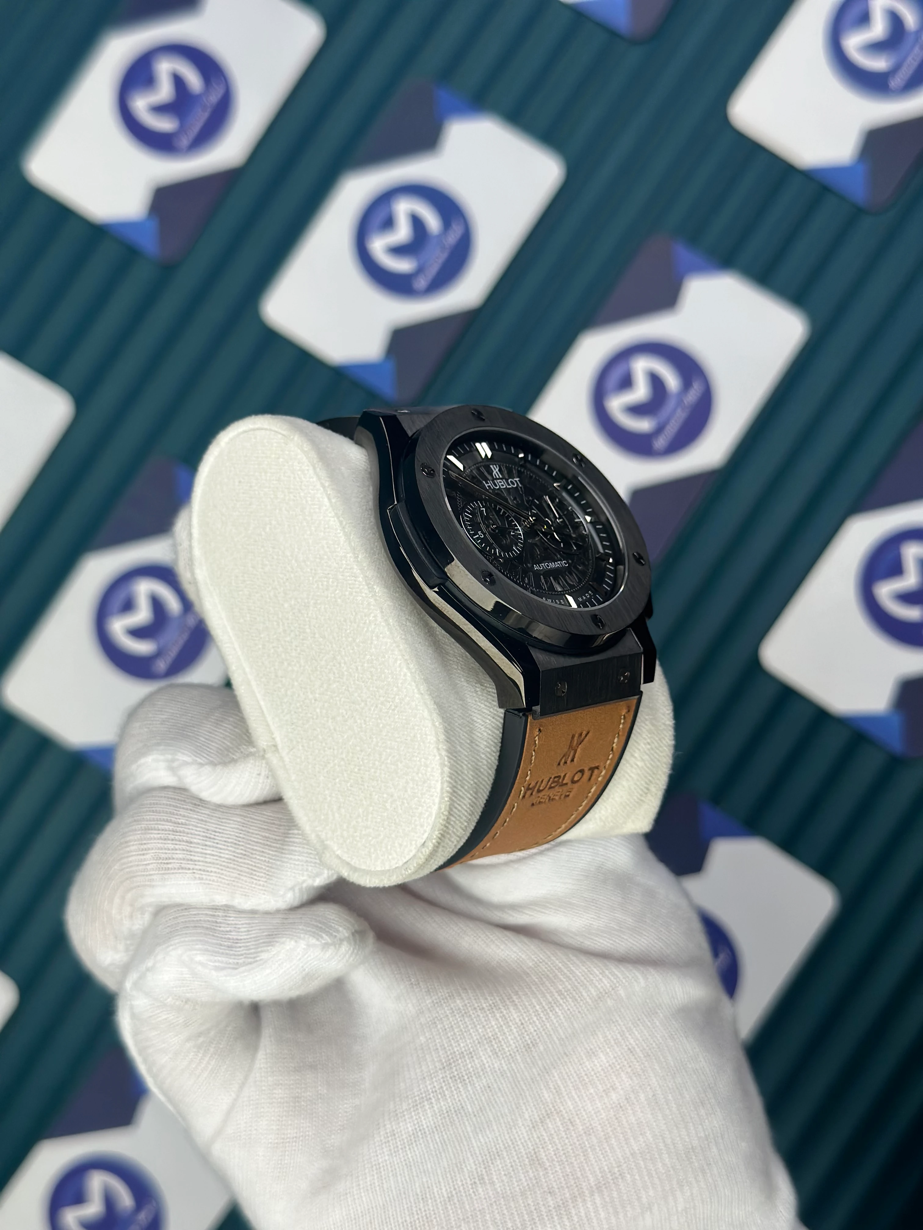 HUBLOT AUTOMATIC CLASSIC FUSHION VENDOME BLACK CASE SKELETON DIAL BROWN LEATHER CORD 