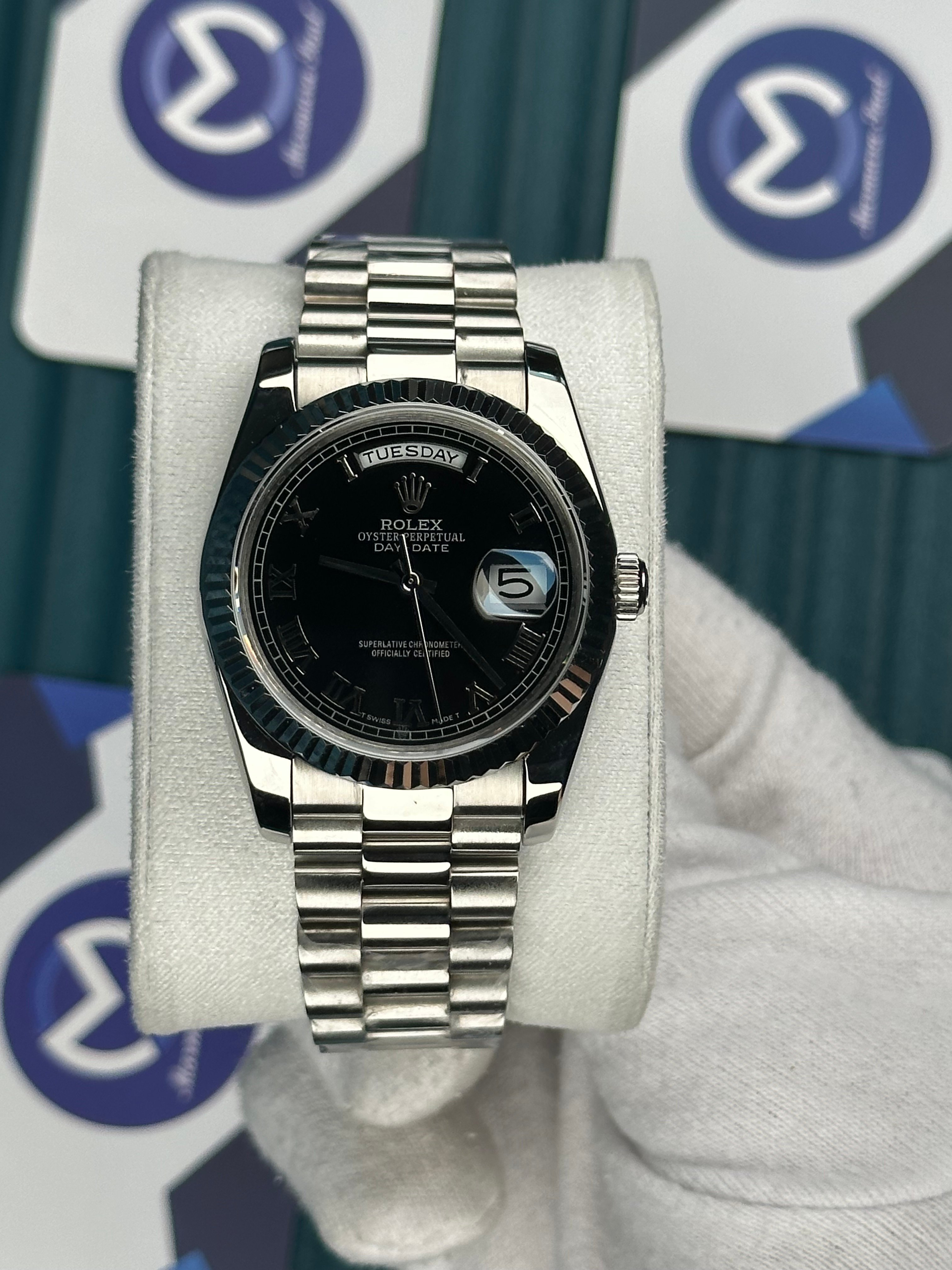 ROLEX 36 DAYDATE BLACK ROMA DIAL SILVER PRESIDENT