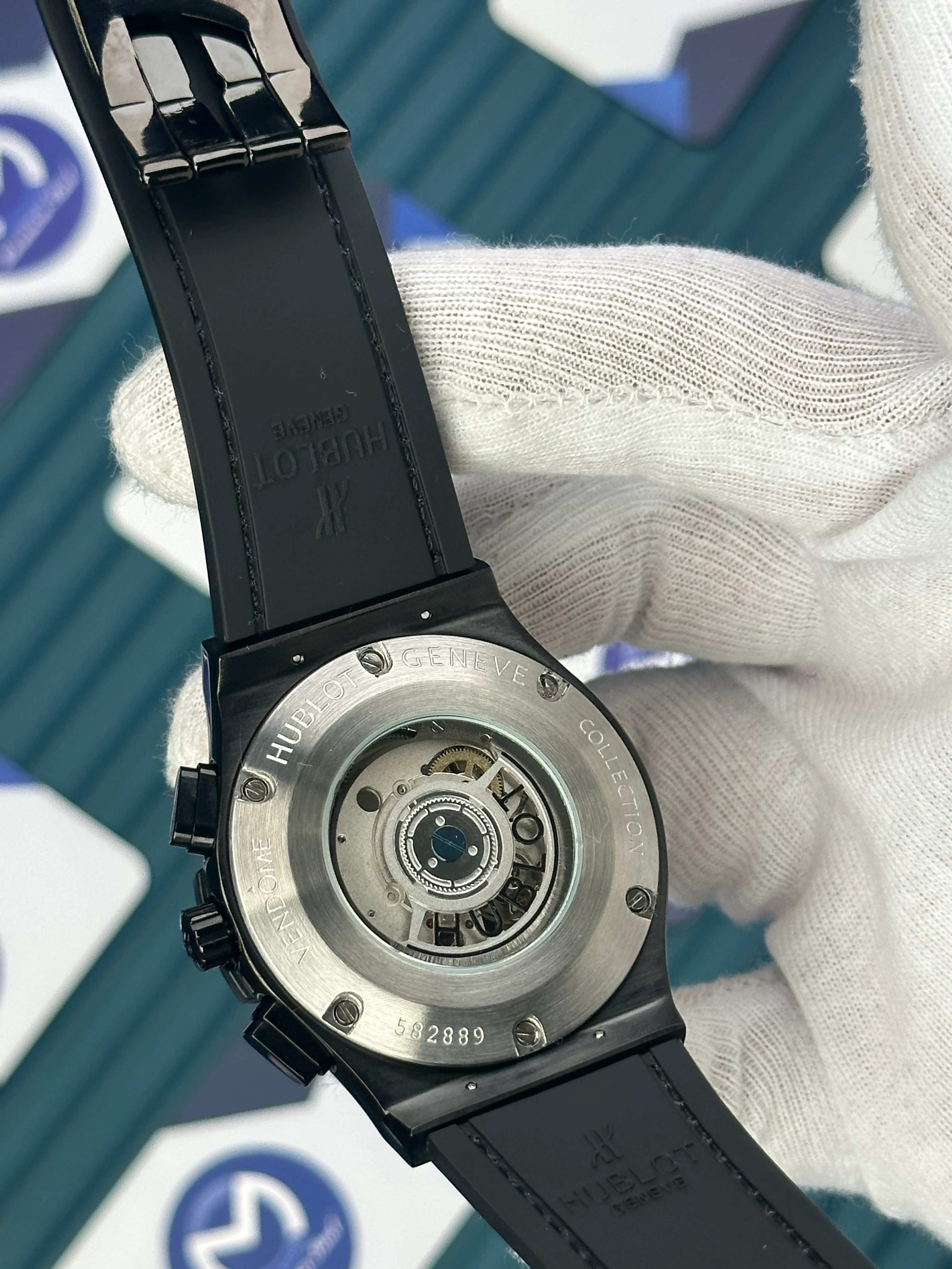 HUBLOT AUTOMATIC NAVY BLUE CHRONOGRAPH ROSE CASE BLACK CASE BLUE LEATHER CORD 