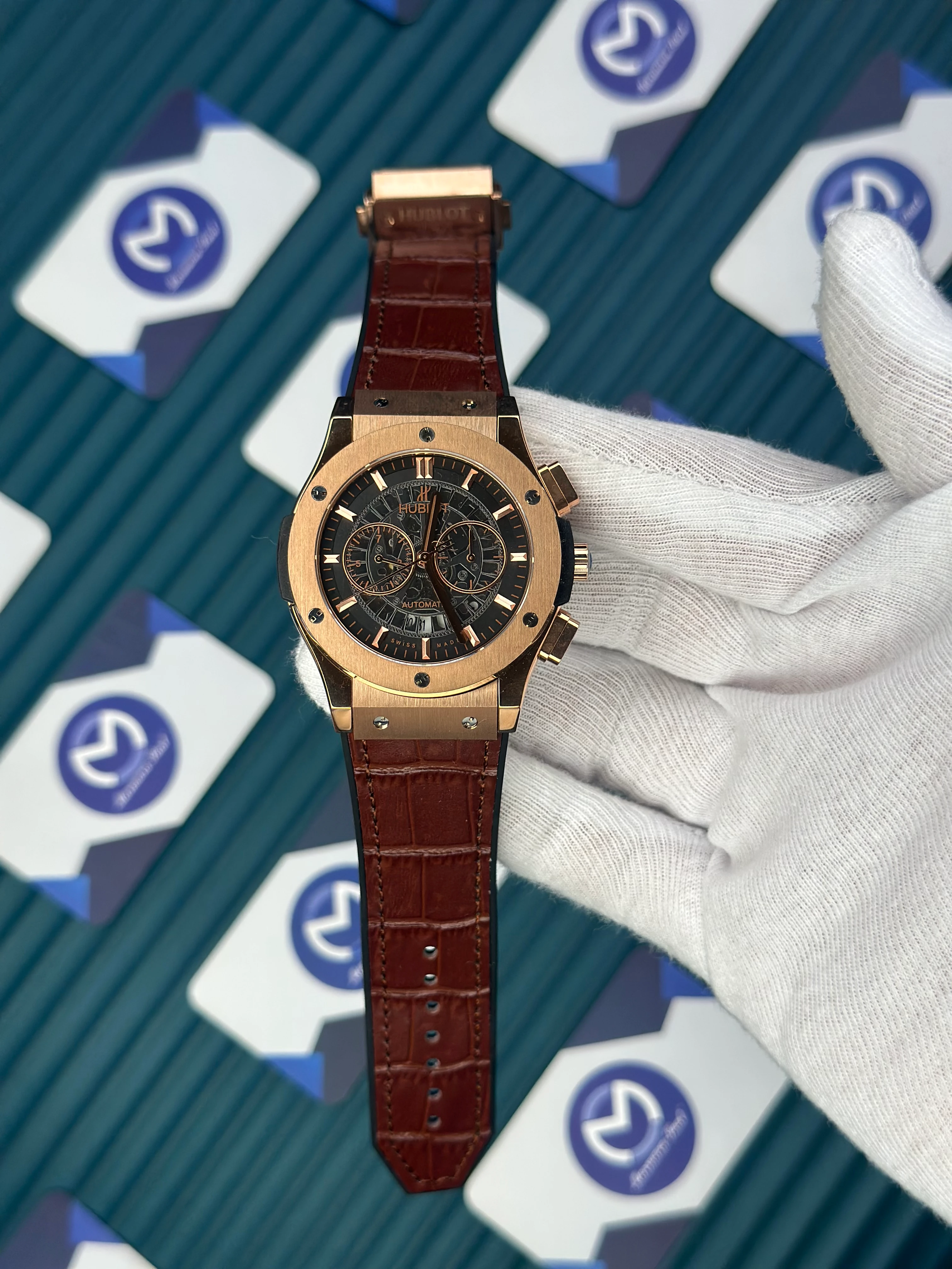 HUBLOT AUTOMATIC SKELETON FUSHION VENDOME ROSE CASE LEATHER BROWN CORD 