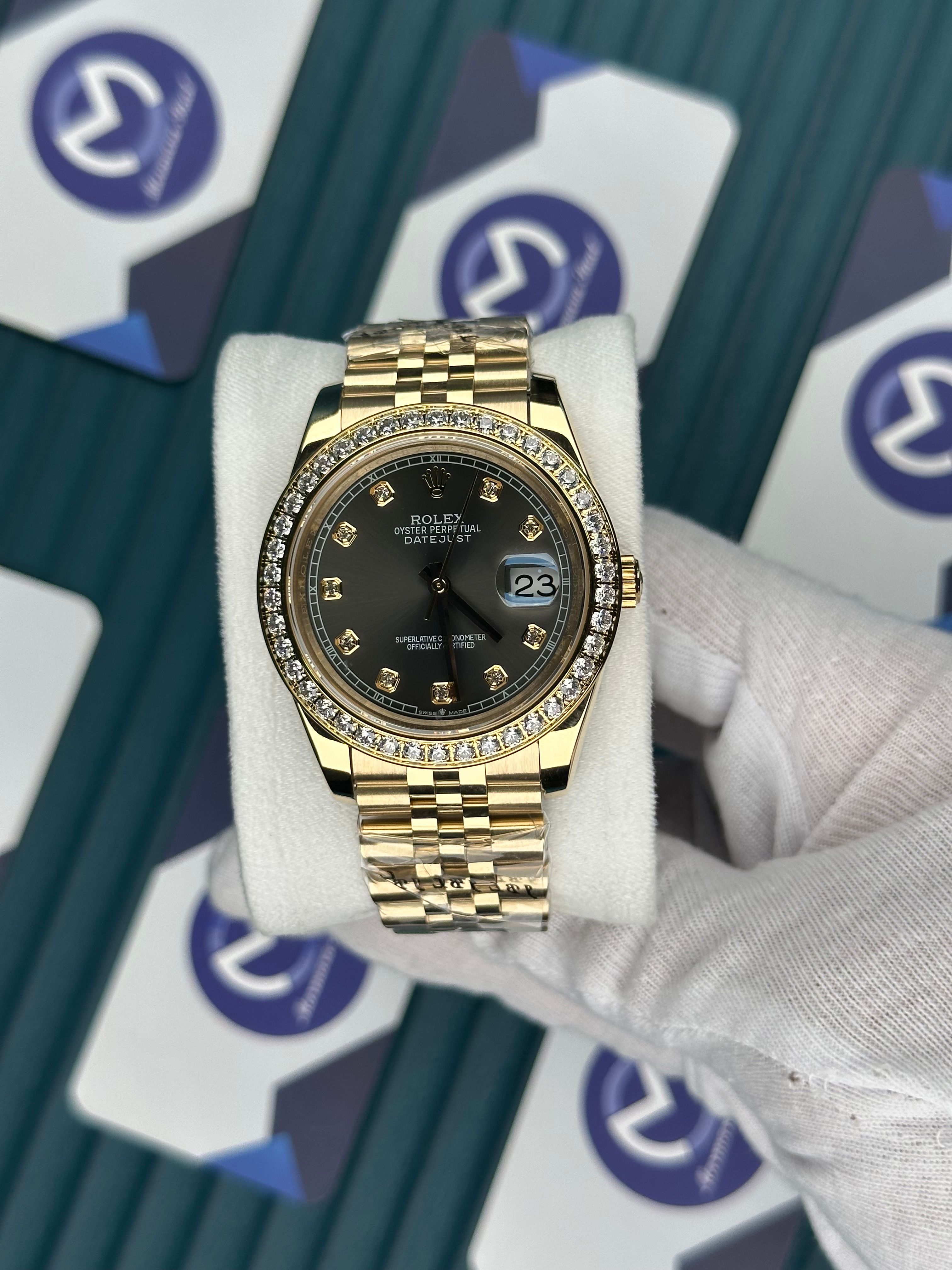 ROLEX DATEJUST GREY DIAL DIAMOND BEZEL GOLD JUBILE