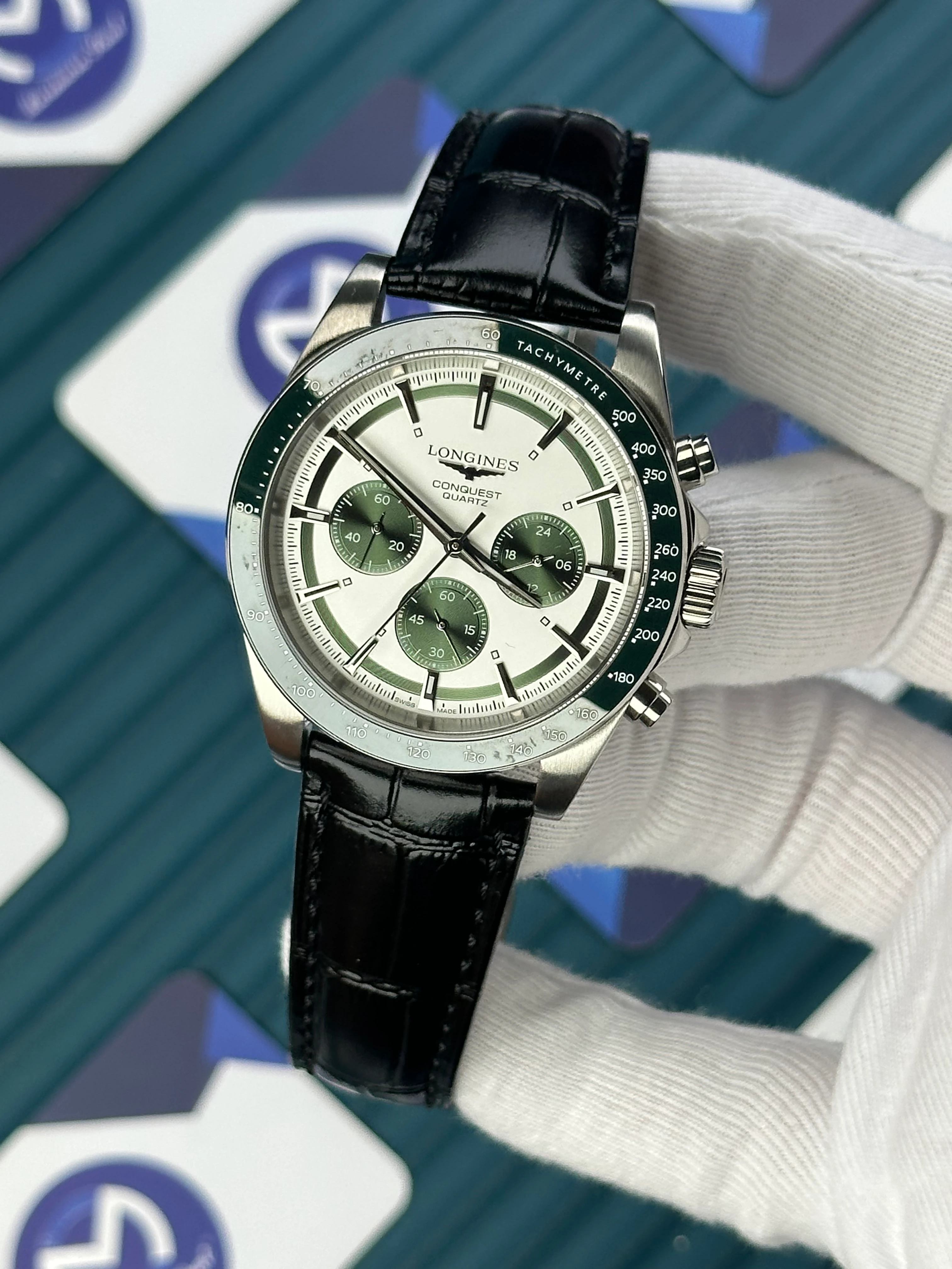LONGINES CONQUEST AUTOMATIC WHITE DIAL GREEN CHRONOGRAPH BLACK LEATHER 