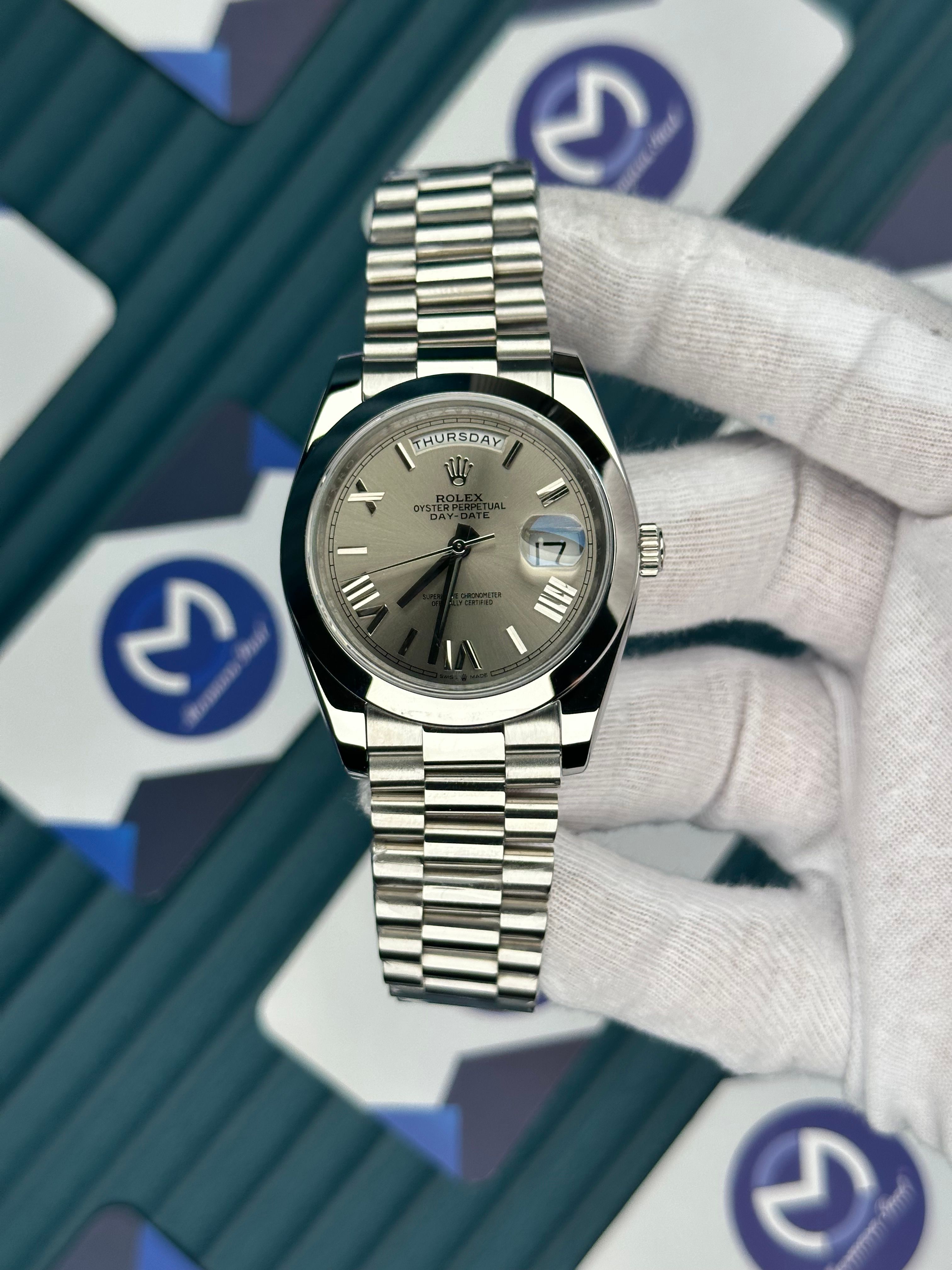 ROLEX DAY-DATE GREY DIAL OVAL BEZEL ROMA INDEX SILVER PRESIDENT