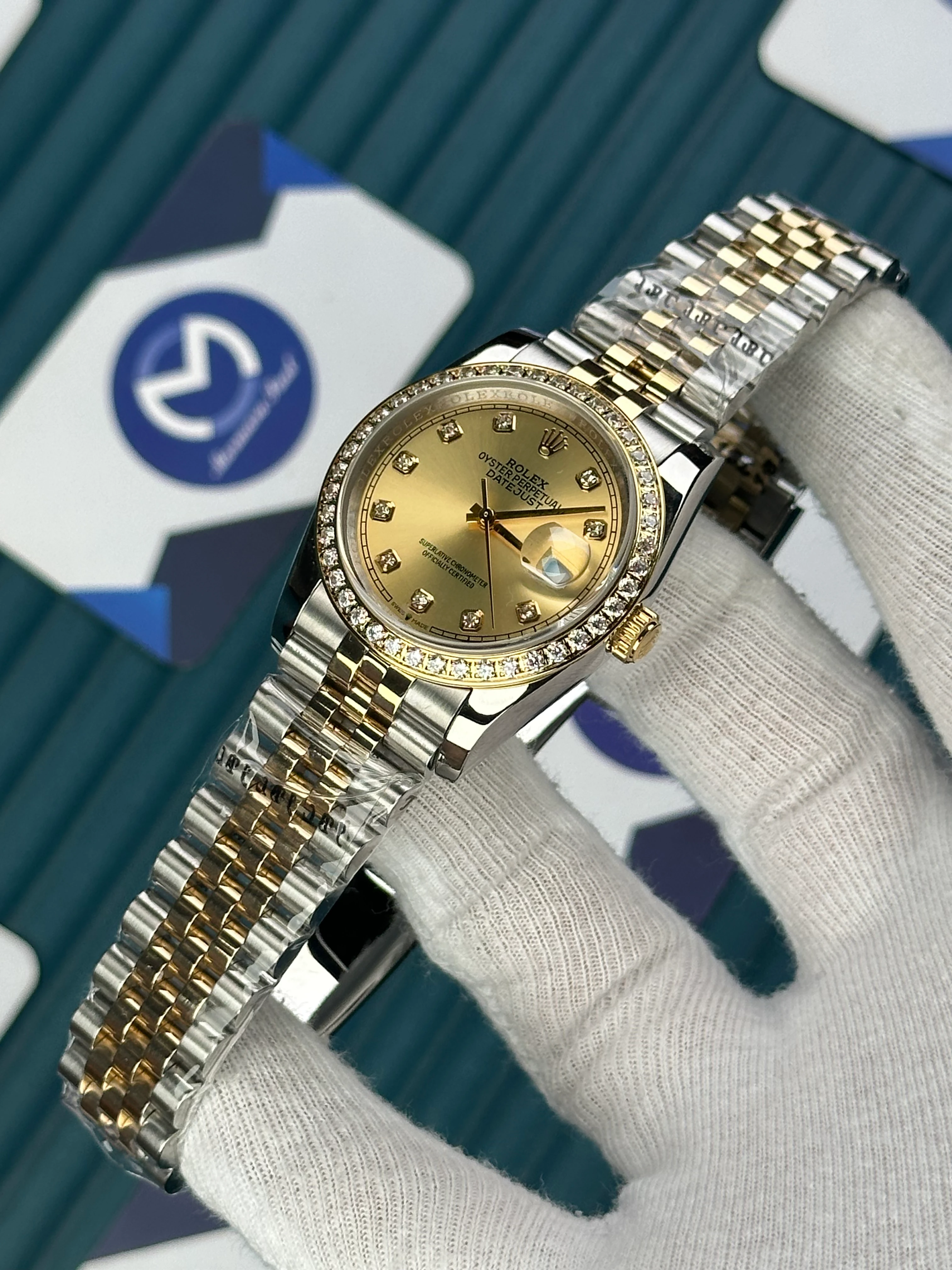 ROLEX 36 MM DATEJUST GOLD DIAL DIAMOND INDEX AND BEZEL GOLD-SILVER JUBILE 