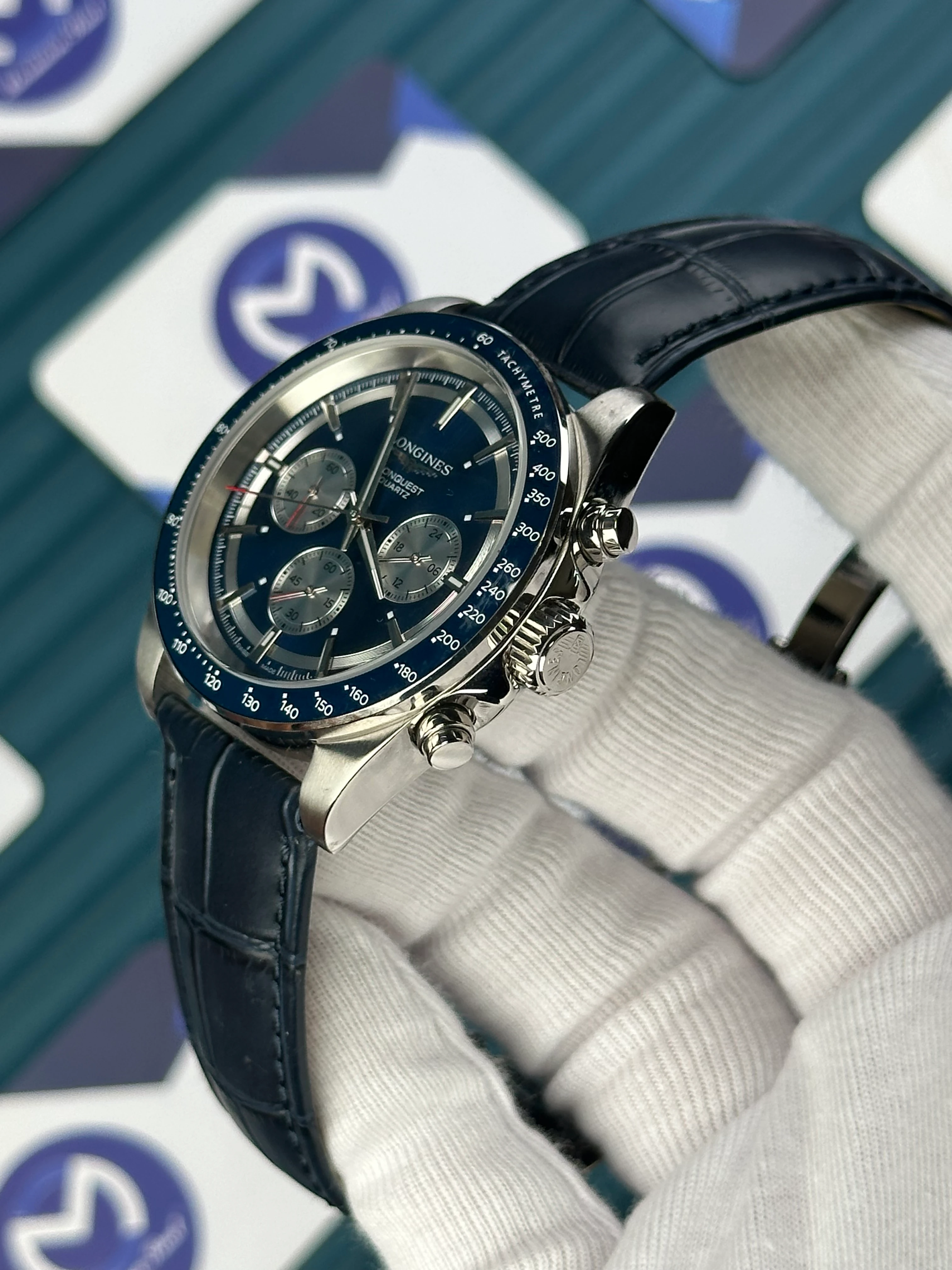 LONGINES CONQUEST CHRONOGRAPH AUTOMATIC BLUE DIAL BLUE LEATHER 