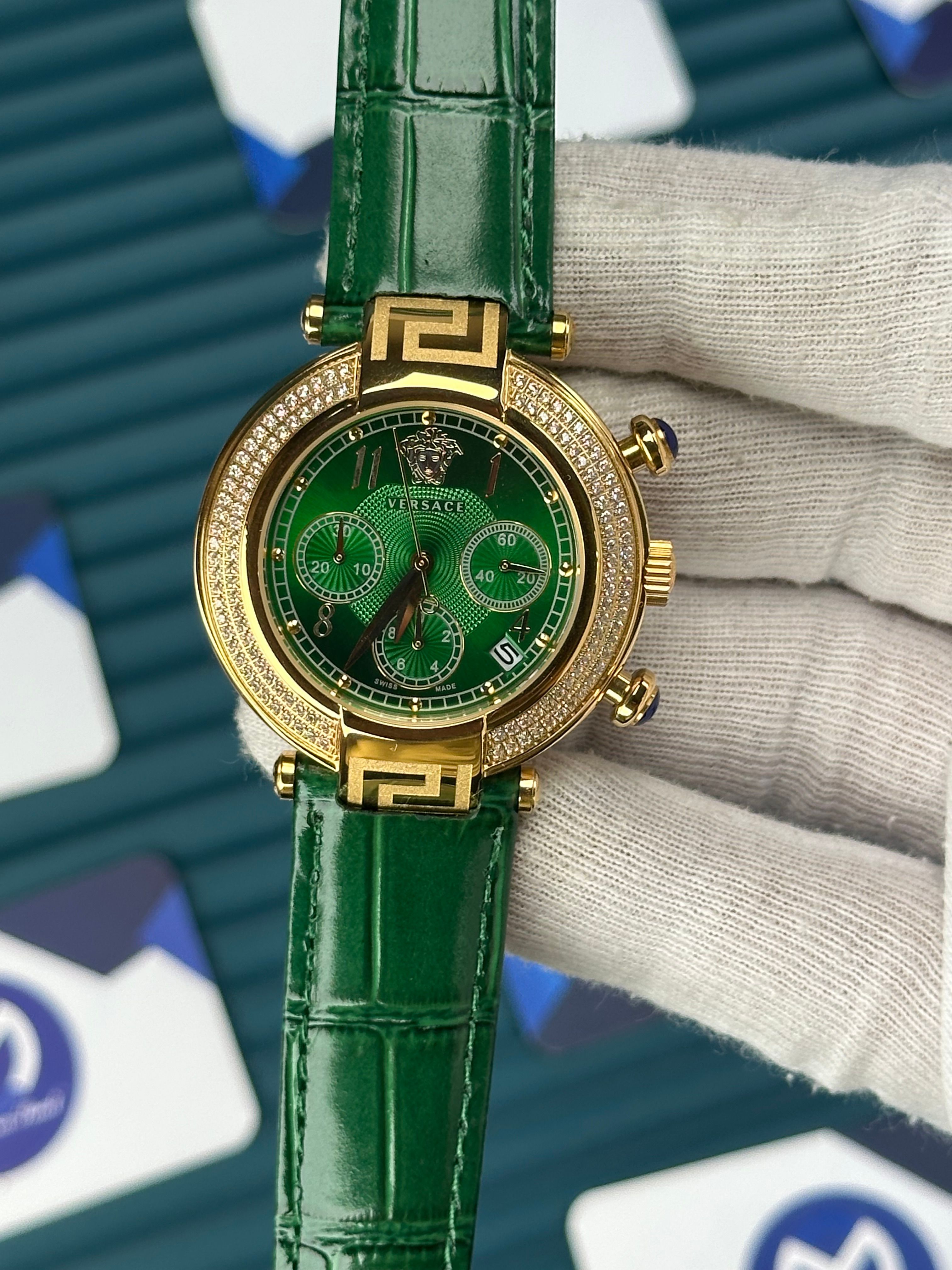 VERSACE 38 GREEN DIAL GOLD CASE DIAMOND BEZEL CHRONOGRAPH GREEN LEATHER CORD