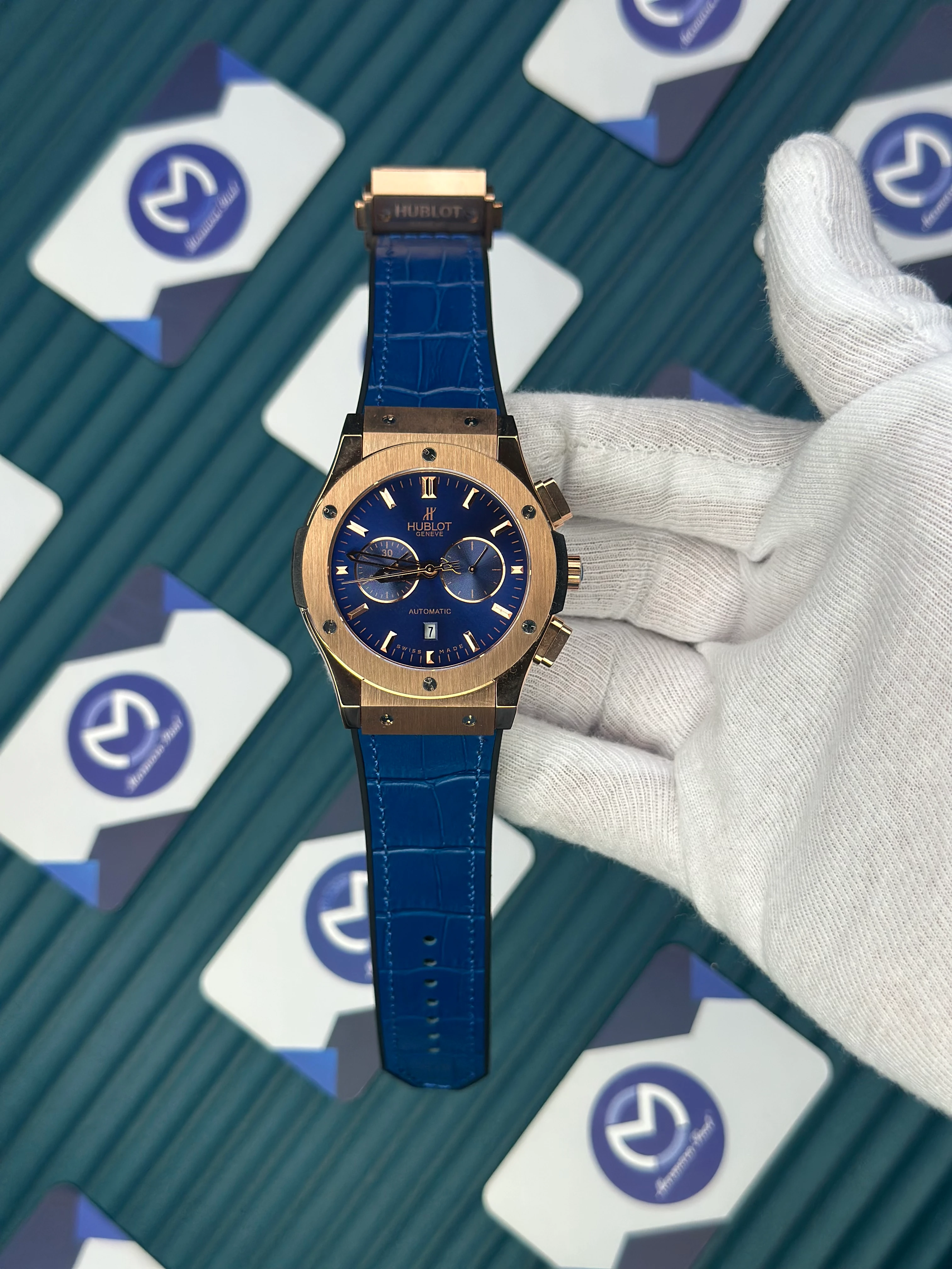 HUBLOT AUTOMATIC FUSHION VENDOME BLUE DIAL ROSE CASE BLUE LEATHER CORD