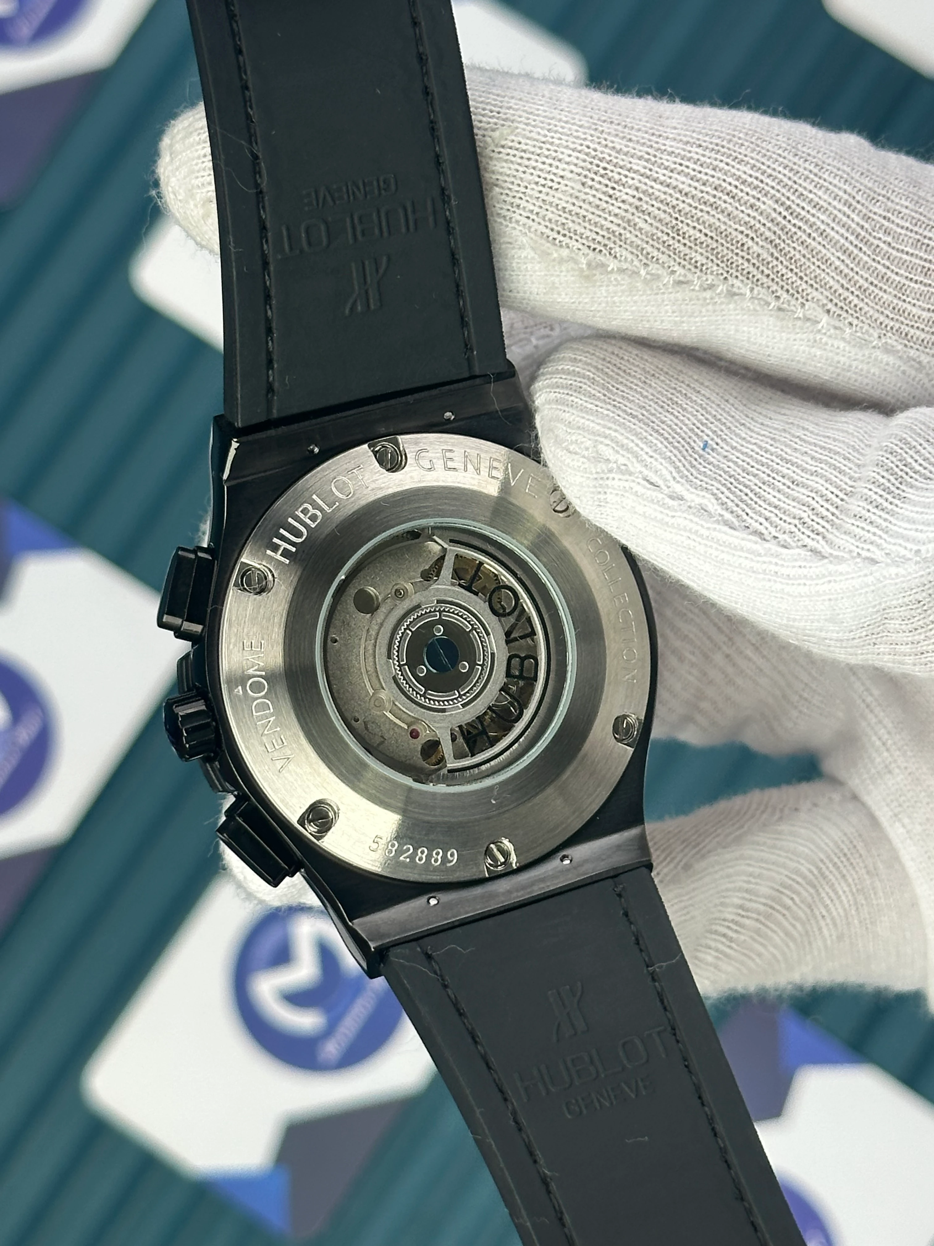 HUBLOT AUTOMATIC SKELETON DIAL ROSE BEZEL BLACK CASE BROWN LEATHER CORD 