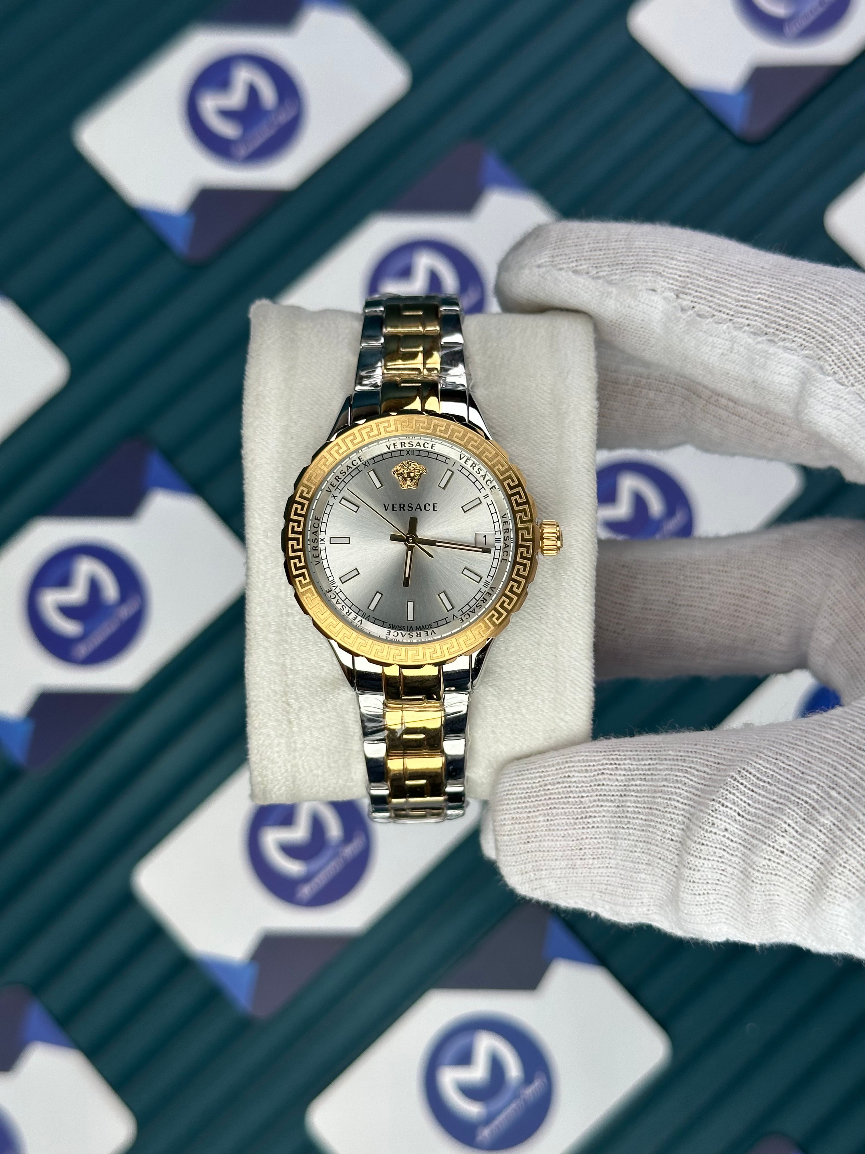 VERSACE 36 WHITE DIAL GOLD-SILVER CORD 