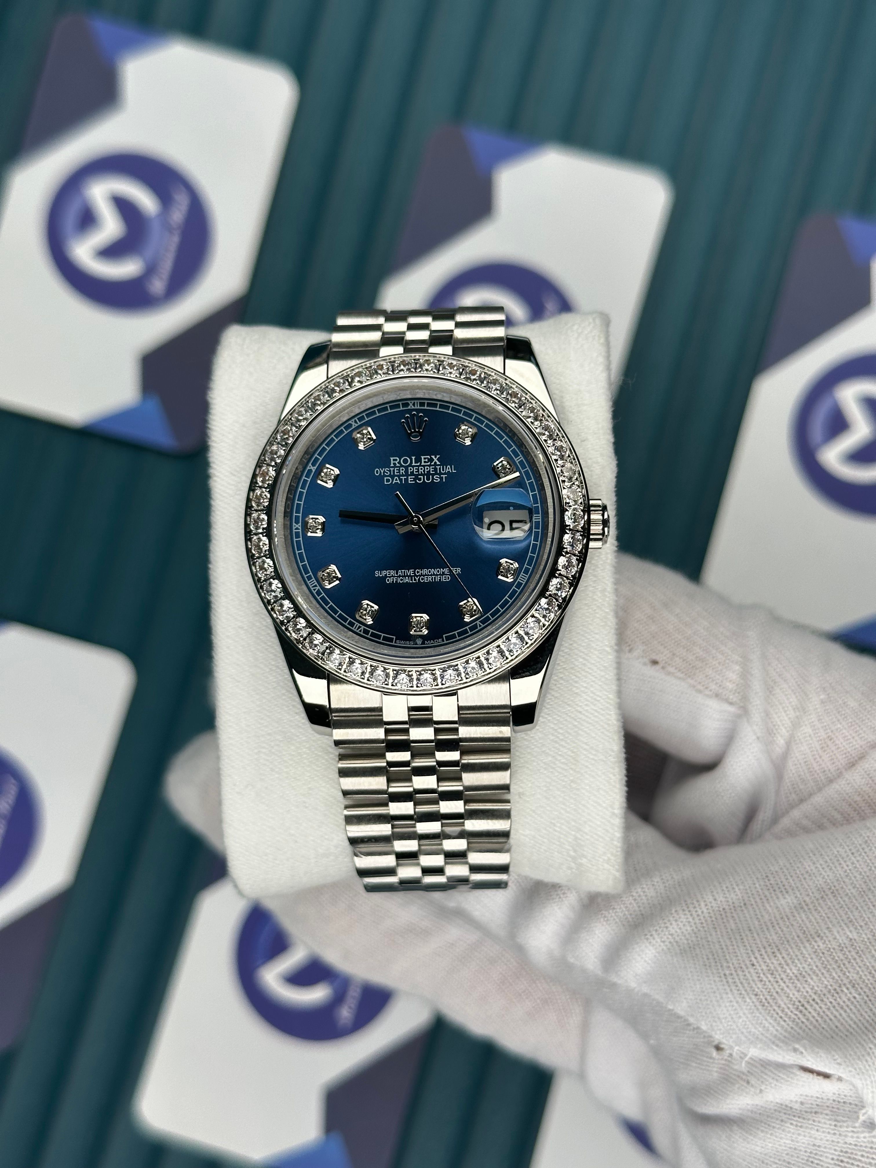 ROLEX DATEJUST BLUE DIAL DIAMOND INDEX AND BEZEL SILVER JUBILE