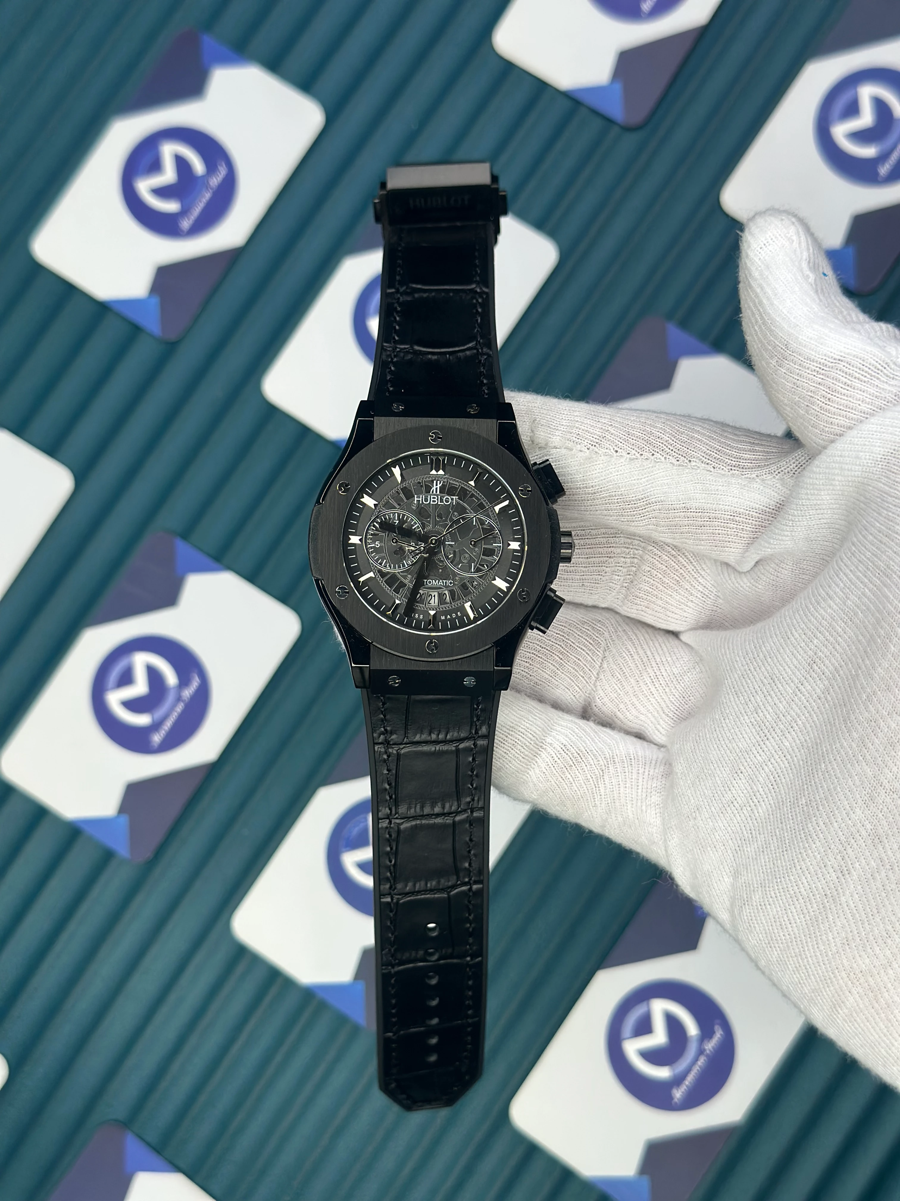 HUBLOT AUTOMATIC BLACK EDITION SILVER CASE SKELETON LEATHER BLACK CORD 